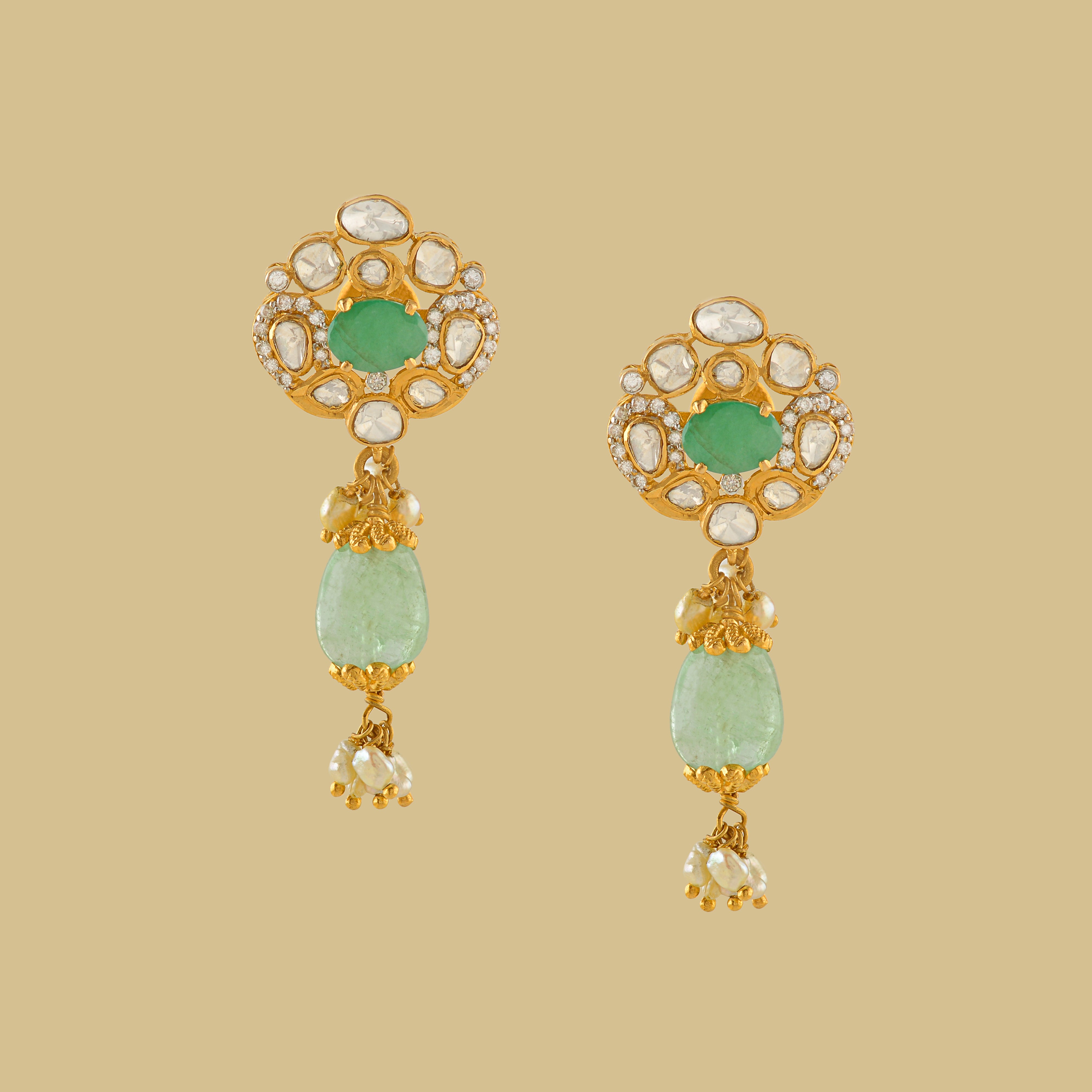 Polk Stud Earrings With Emerald Drops - Krishna Jewellers Pearls and Gems