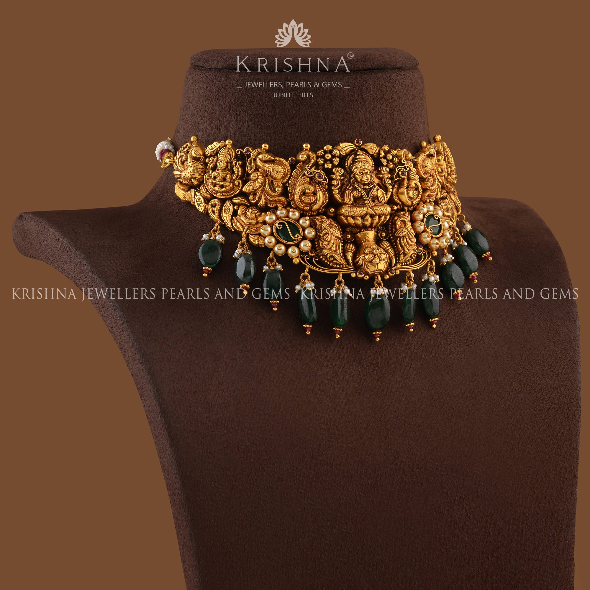 Gold Choker Necklace in Temple Design - Krishna Jewellers Pearls and Gems