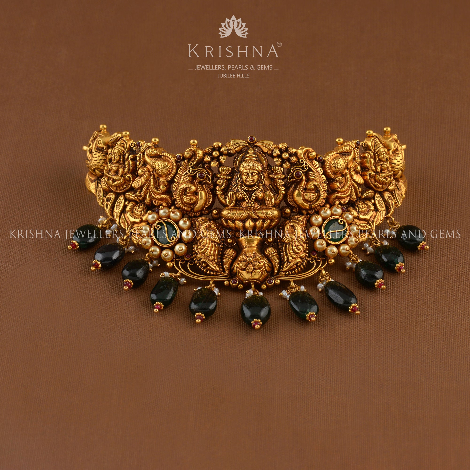 Gold Choker Necklace in Temple Design - Krishna Jewellers Pearls and Gems