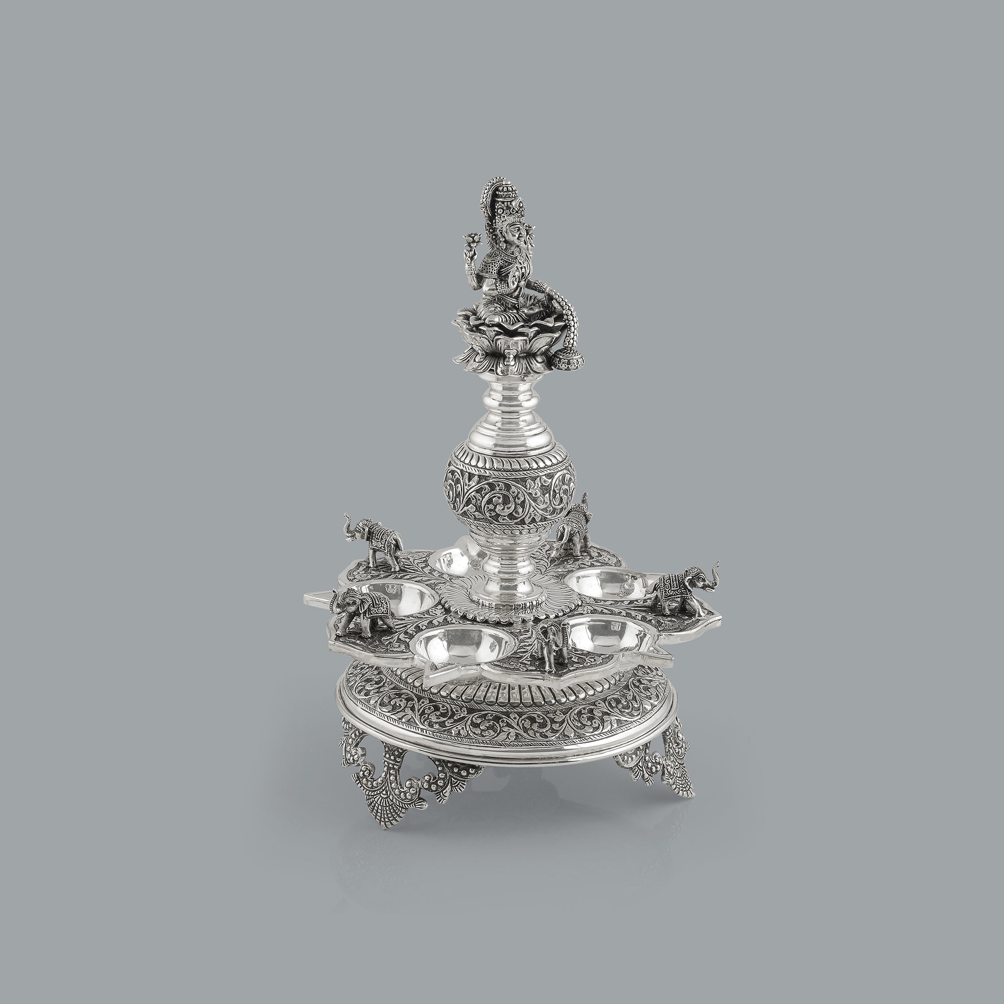 Divine Silver Diya Stand With Ganesh and Elephants - Krishna Jewellers Pearls and Gems