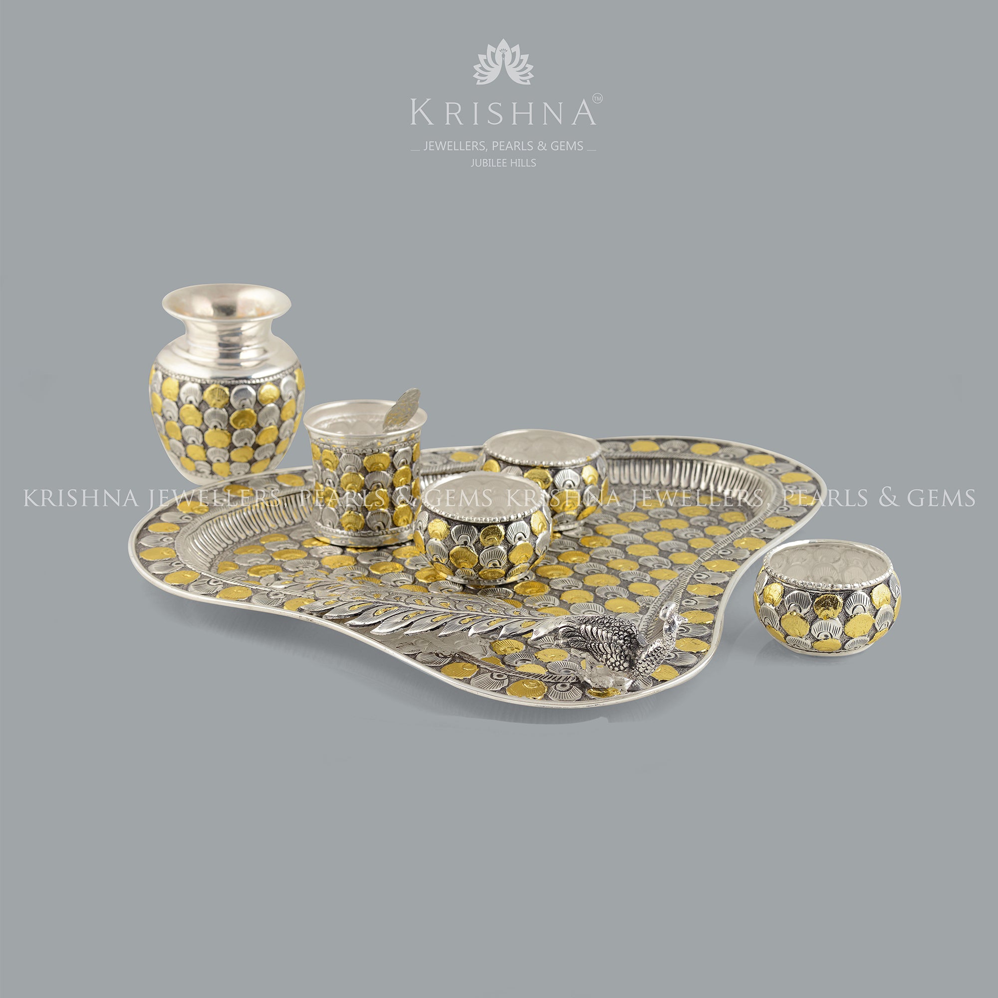 Mesmerising Silver Pooja Set in Silver and Gold Finish - Krishna Jewellers Pearls and Gems