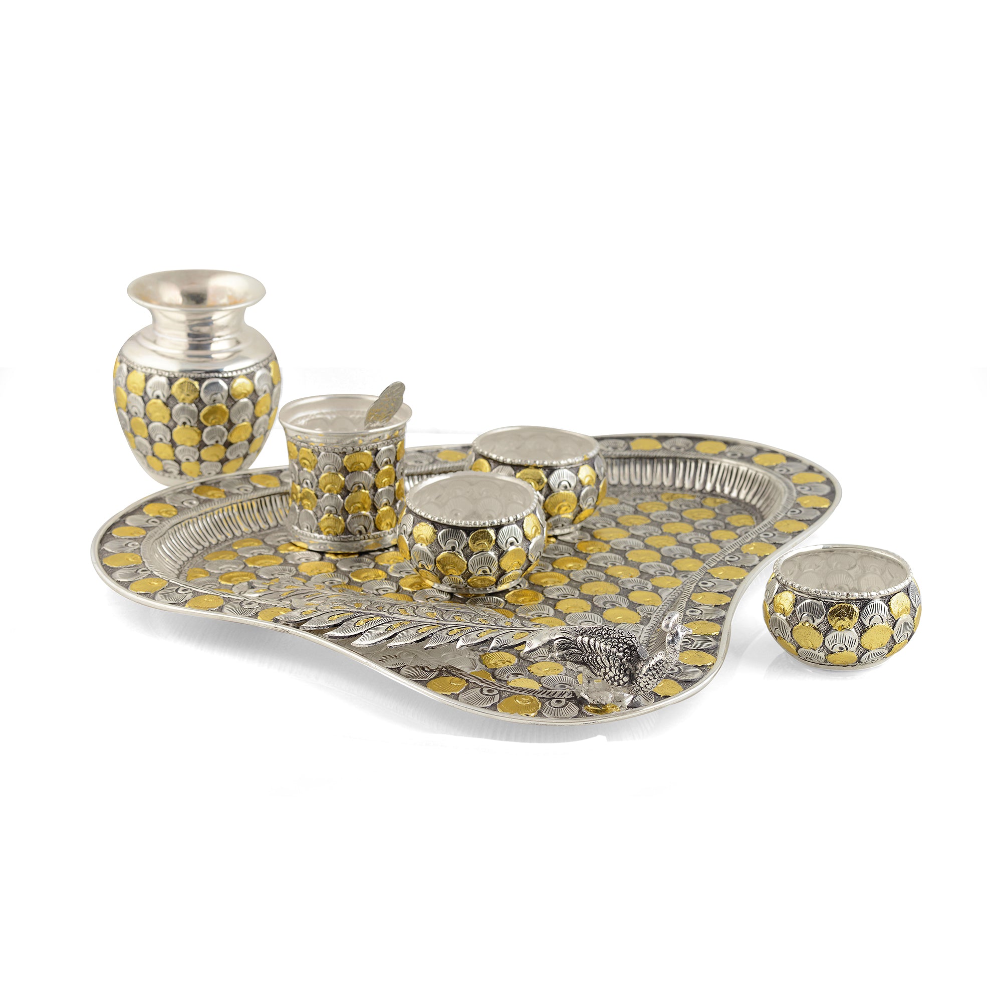 Mesmerising Silver Pooja Set in Silver and Gold Finish - Krishna Jewellers Pearls and Gems