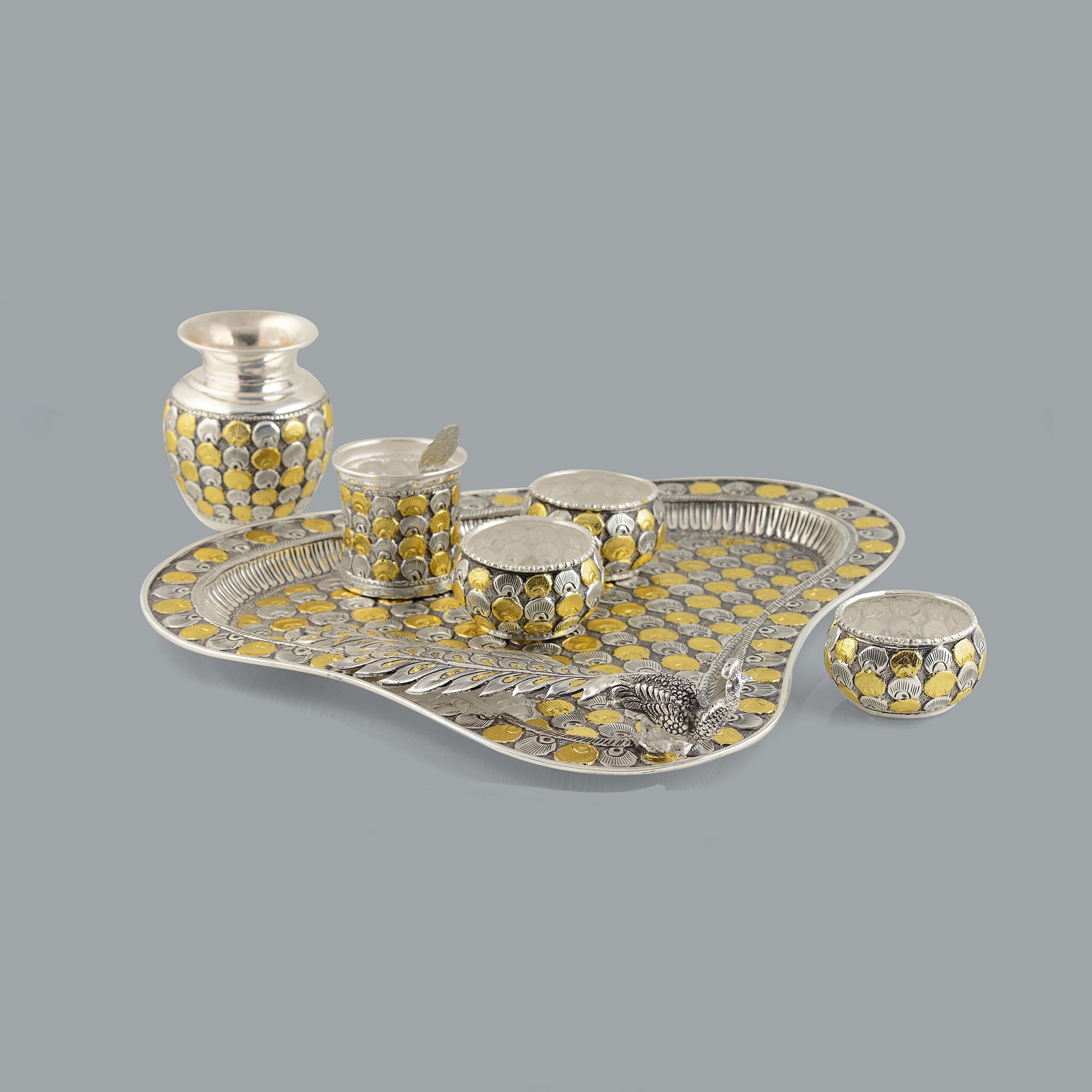 Mesmerising Silver Pooja Set in Silver and Gold Finish - Krishna Jewellers Pearls and Gems