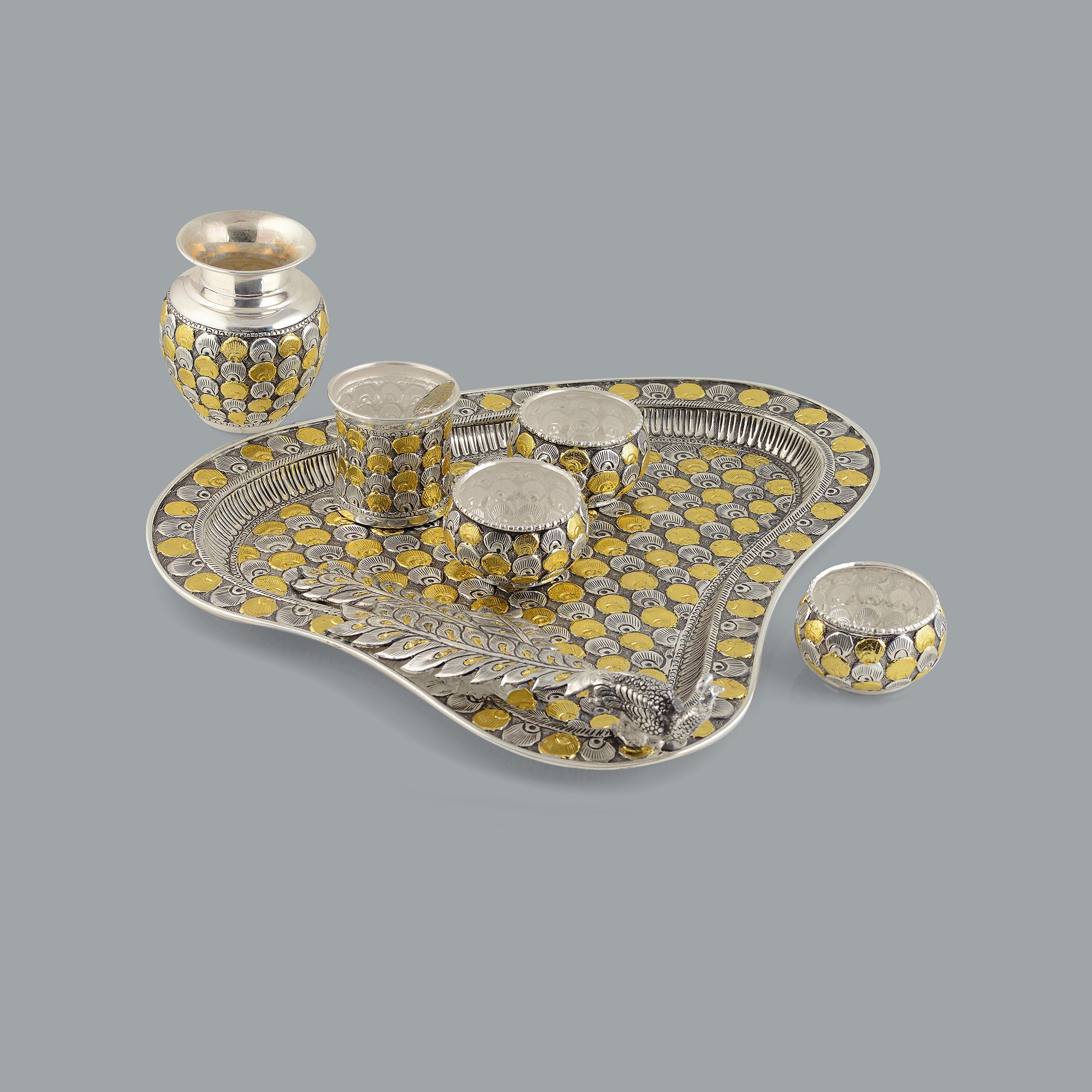 Mesmerising Silver Pooja Set in Silver and Gold Finish - Krishna Jewellers Pearls and Gems