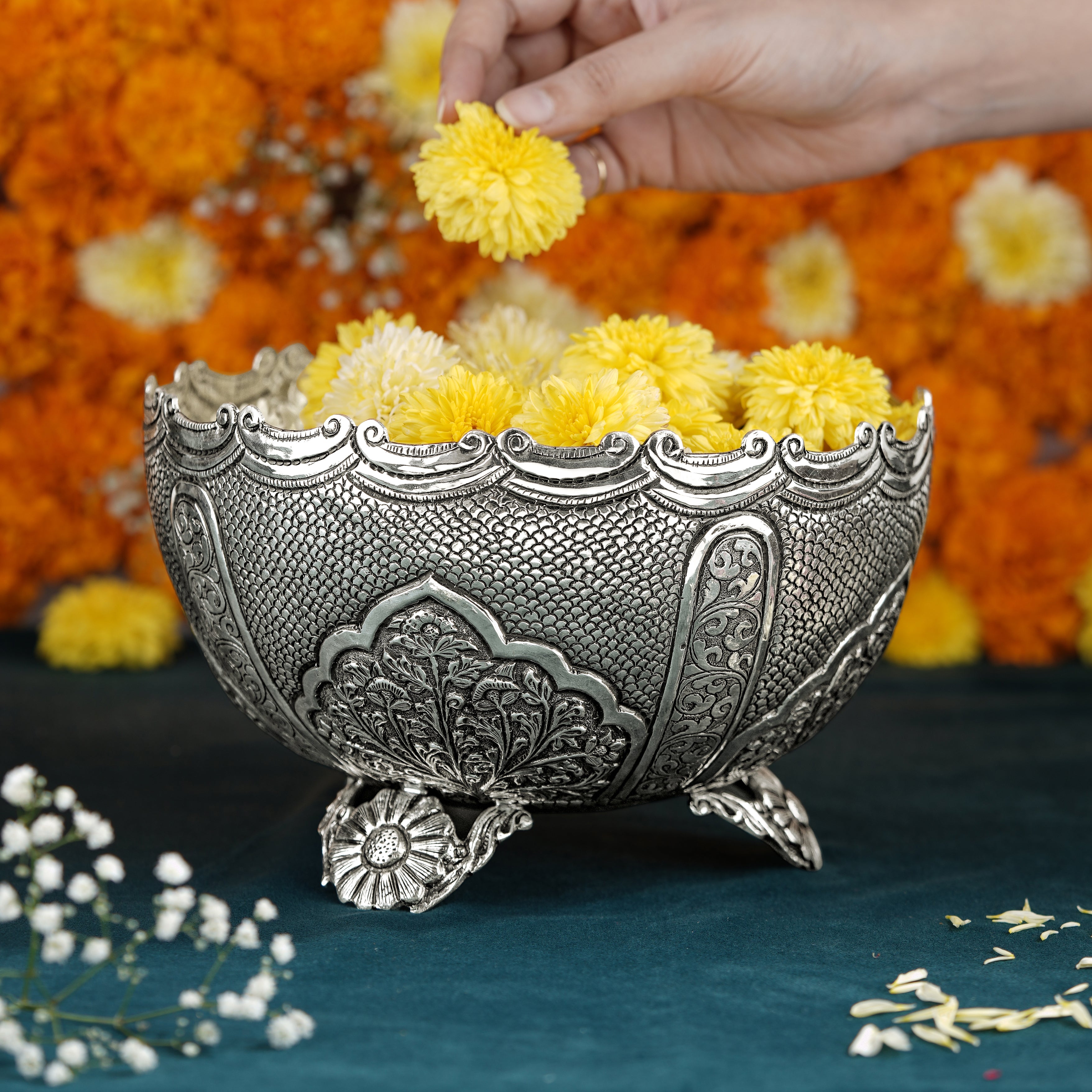 Antique Silver Flower Bowl - Krishna Jewellers Pearls and Gems