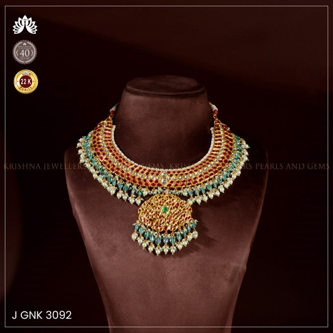 22K Gold Ruby Kundan Short Necklace with CZ and Emeralds