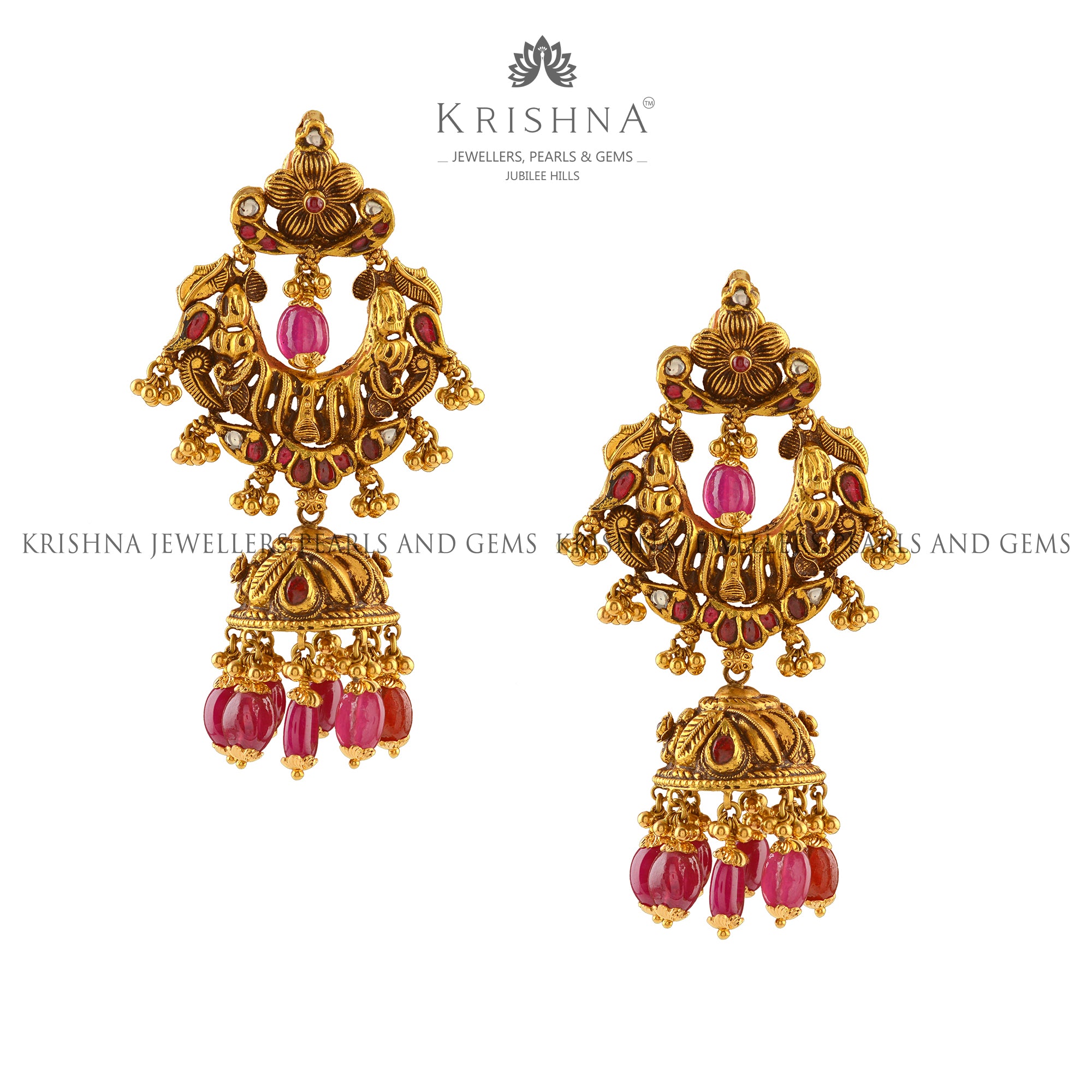 Ruby Beaded Gold Chandbali Earrings
