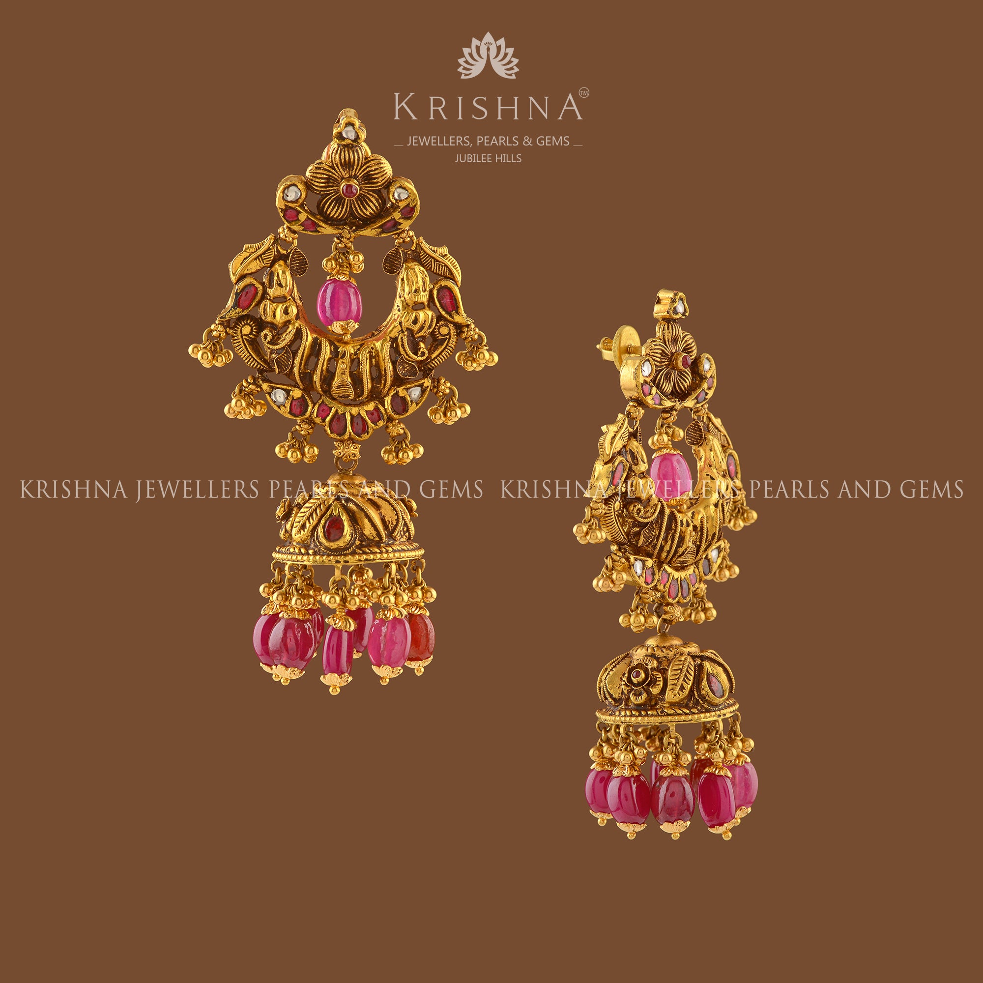 Ruby Beaded Gold Chandbali Earrings