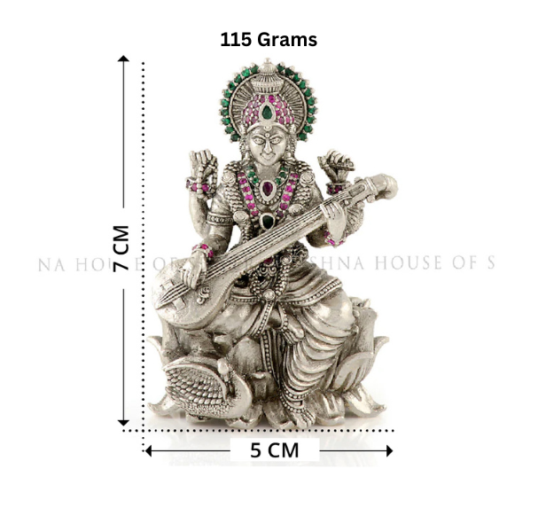 Antique Saraswati Idol in Silver - With Detailed Stone work