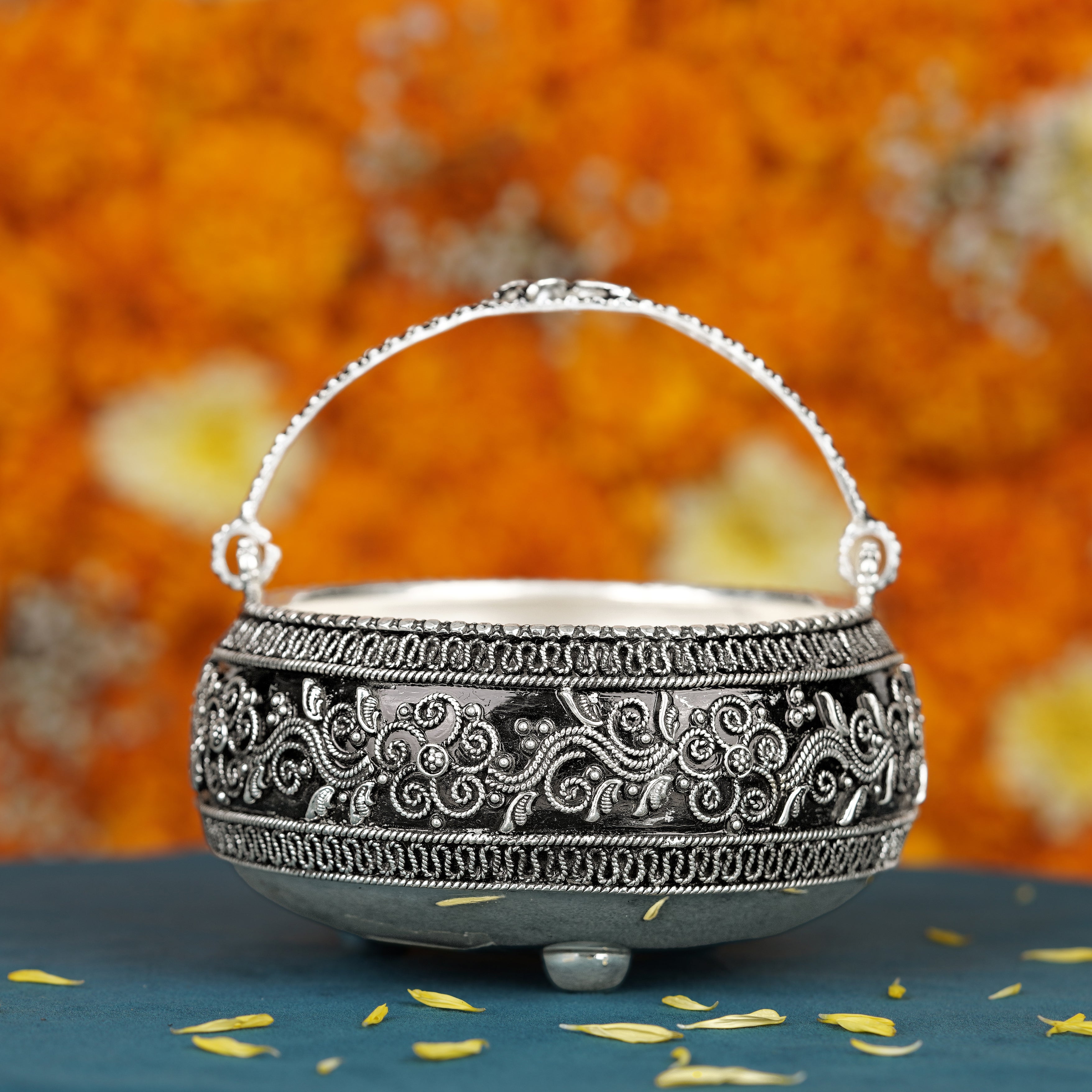 Antique Silver Flower Bowl in Dark Theme - Krishna Jewellers Pearls and Gems