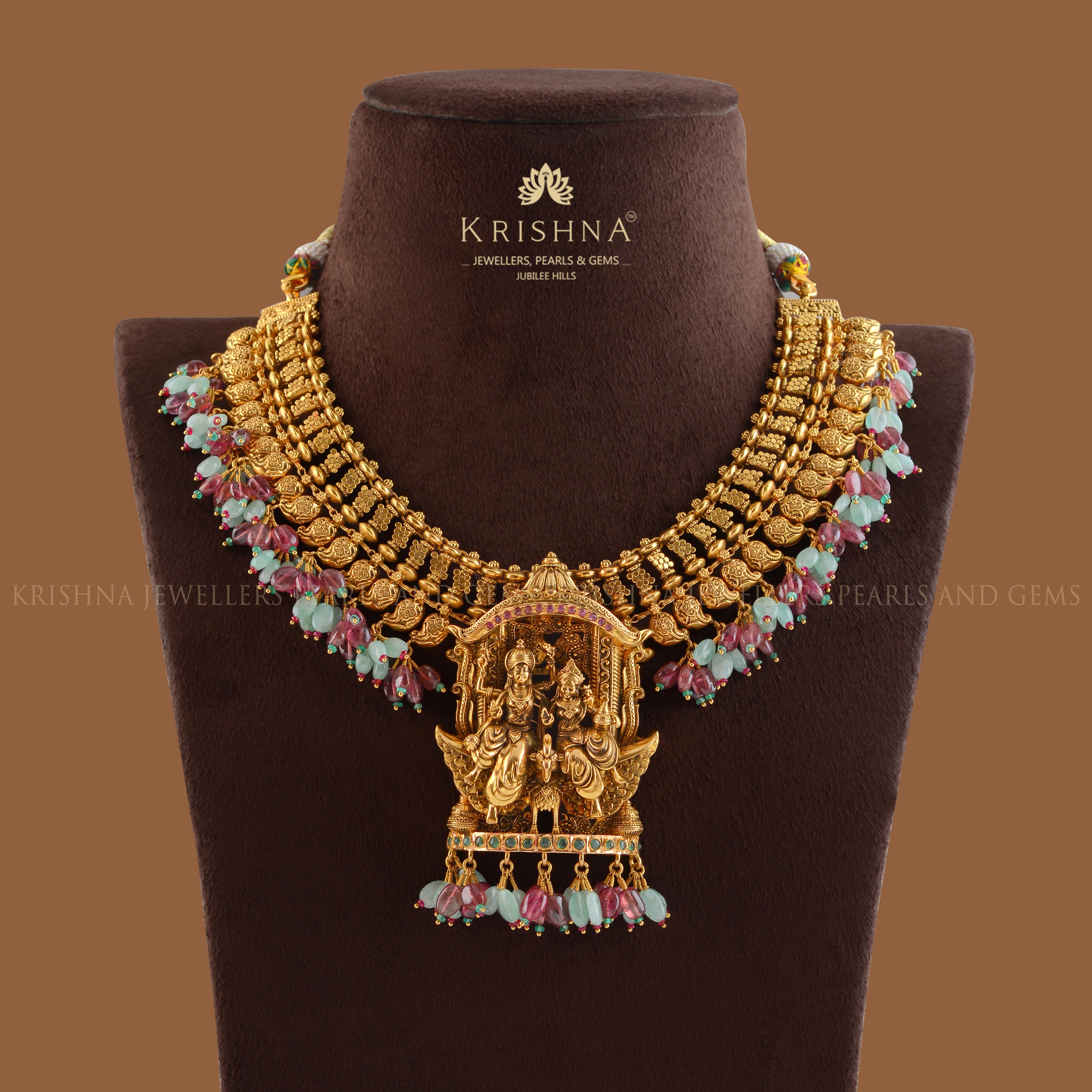 Vishnu-Lakshmi Gold Temple Necklace - Krishna Jewellers Pearls and Gems