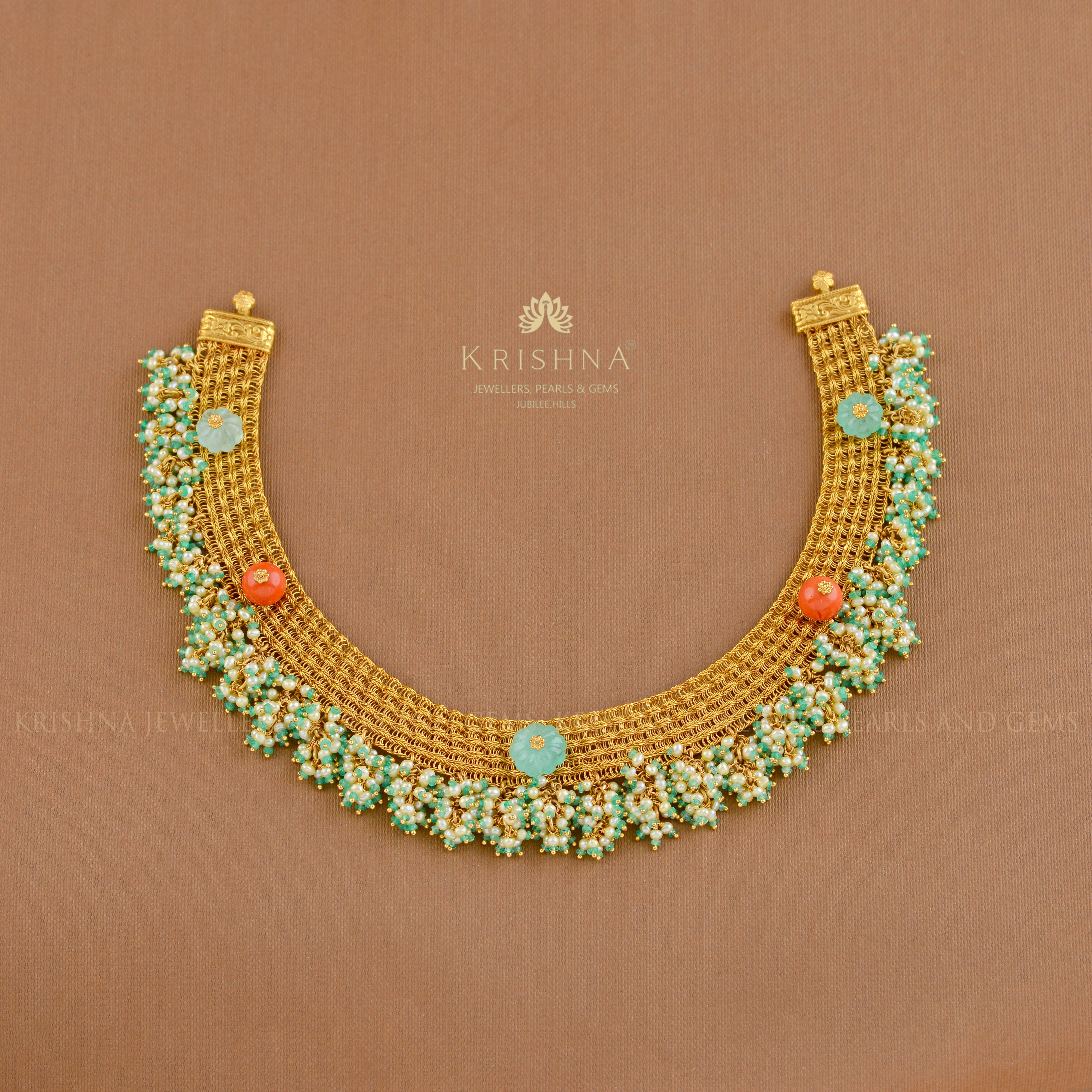 Emerald Gold Mesh Necklace - Krishna Jewellers Pearls and Gems