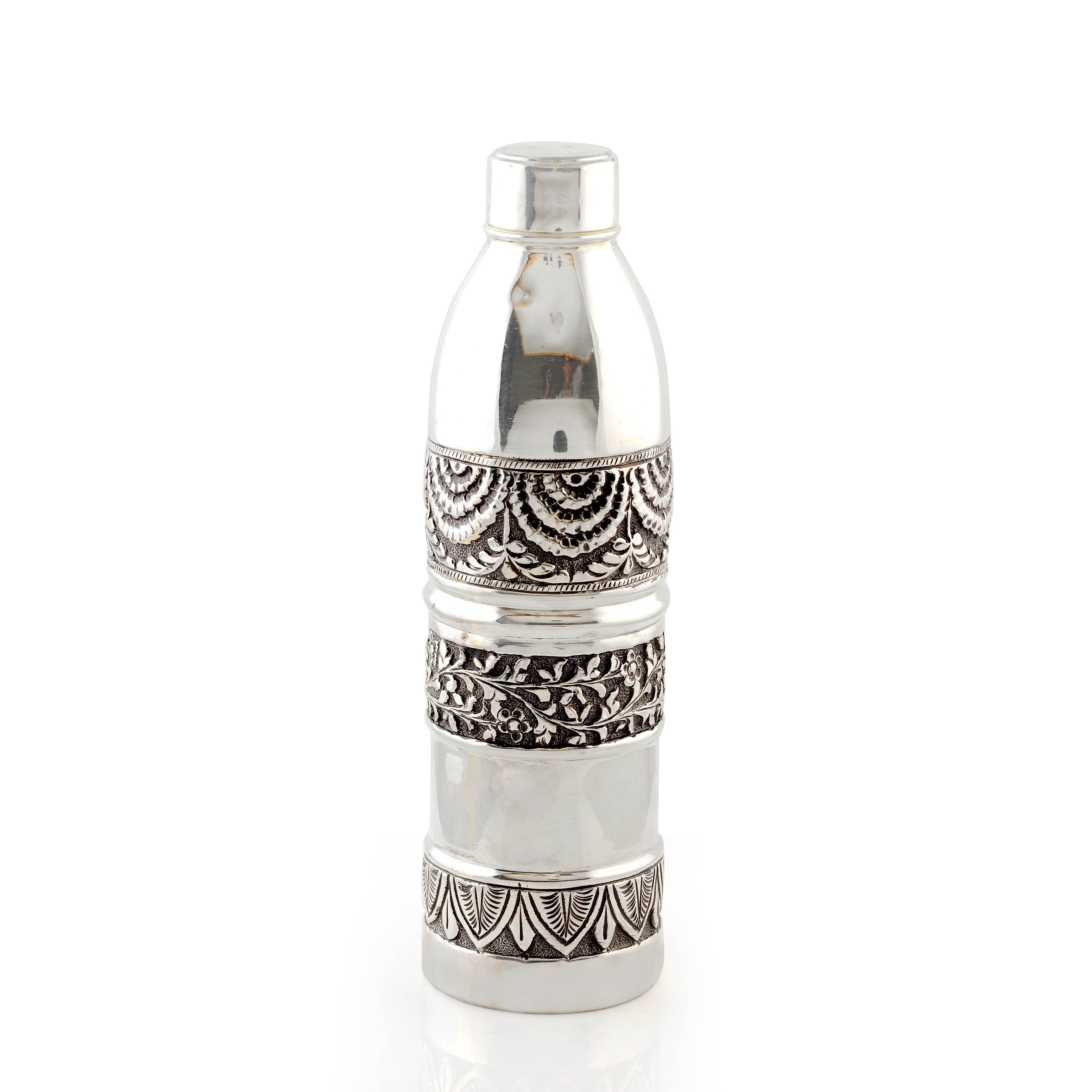 Silver Water Bottle with Leaf and Floral Design - Krishna Jewellers Pearls and Gems