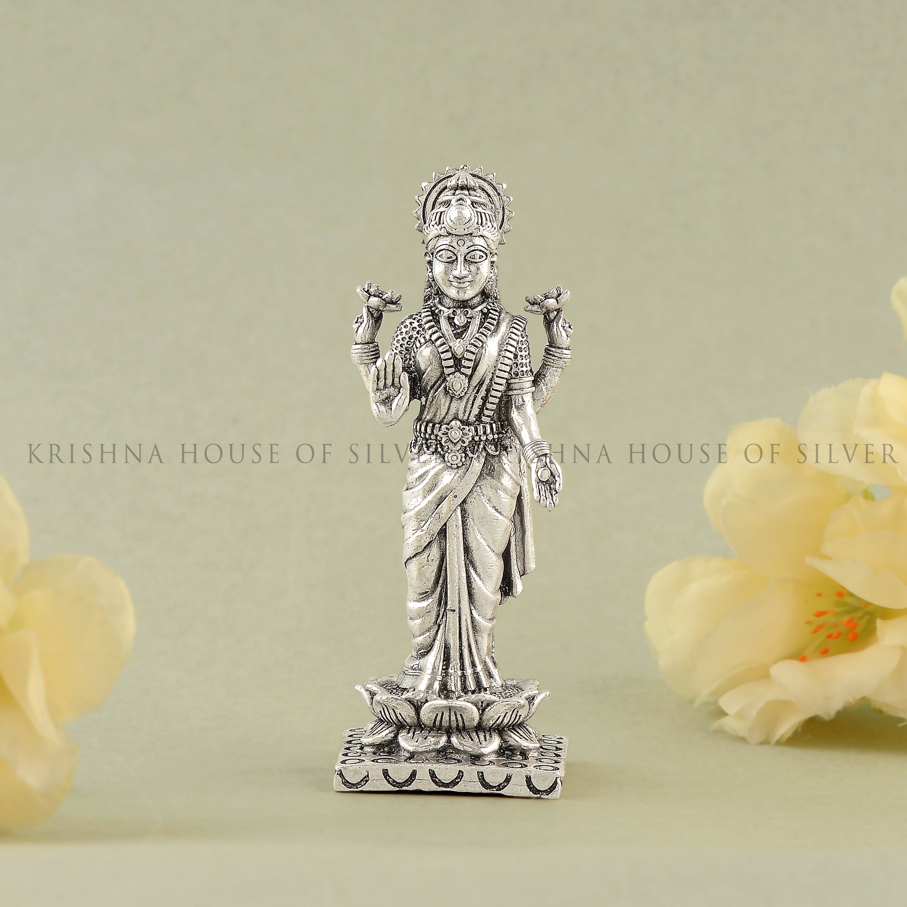 Upright Silver Lakshmi Murti - Lotus, Prosperity & Blessings
