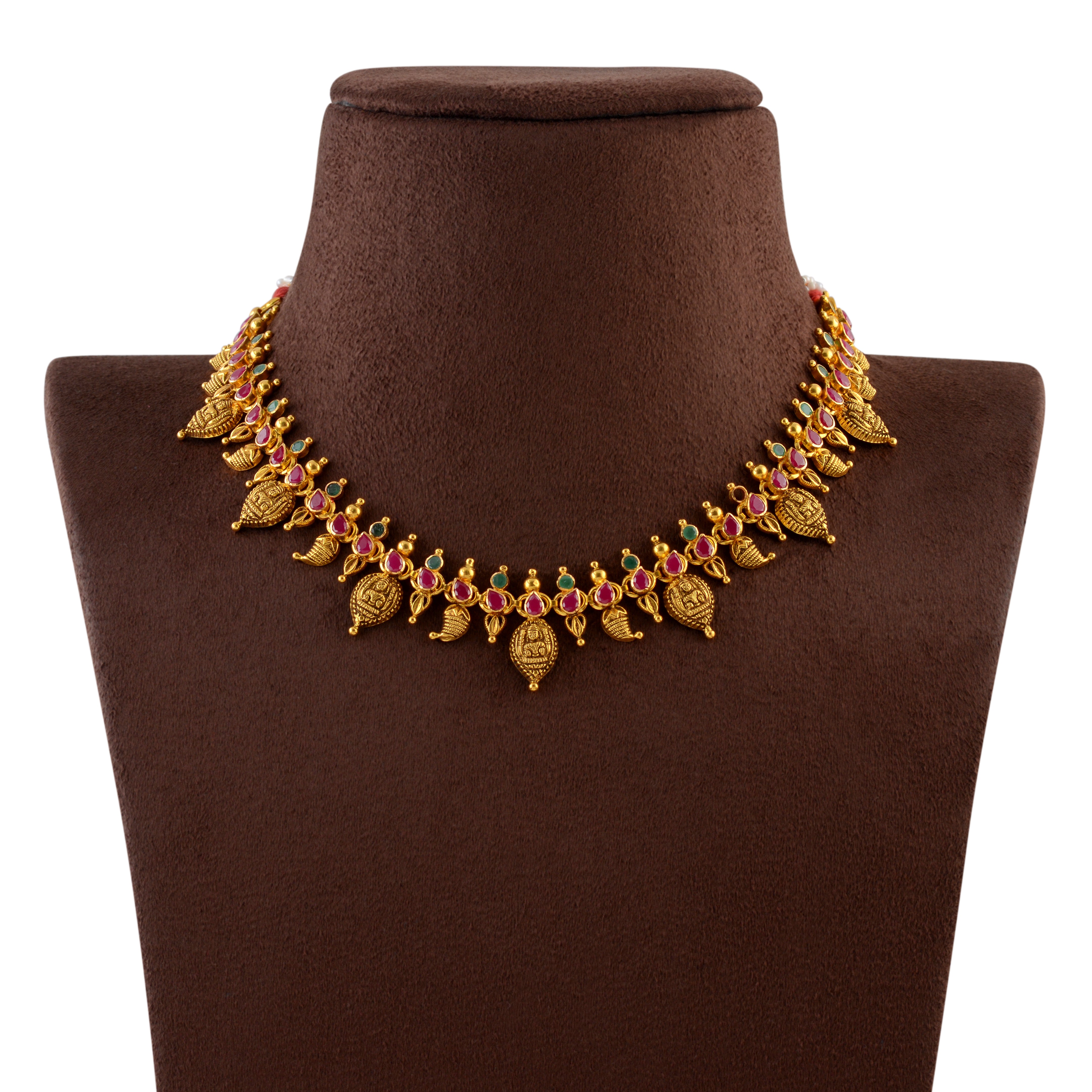 Short Gold Necklace in Laxmi And Mango Design - Krishna Jewellers Pearls and Gems