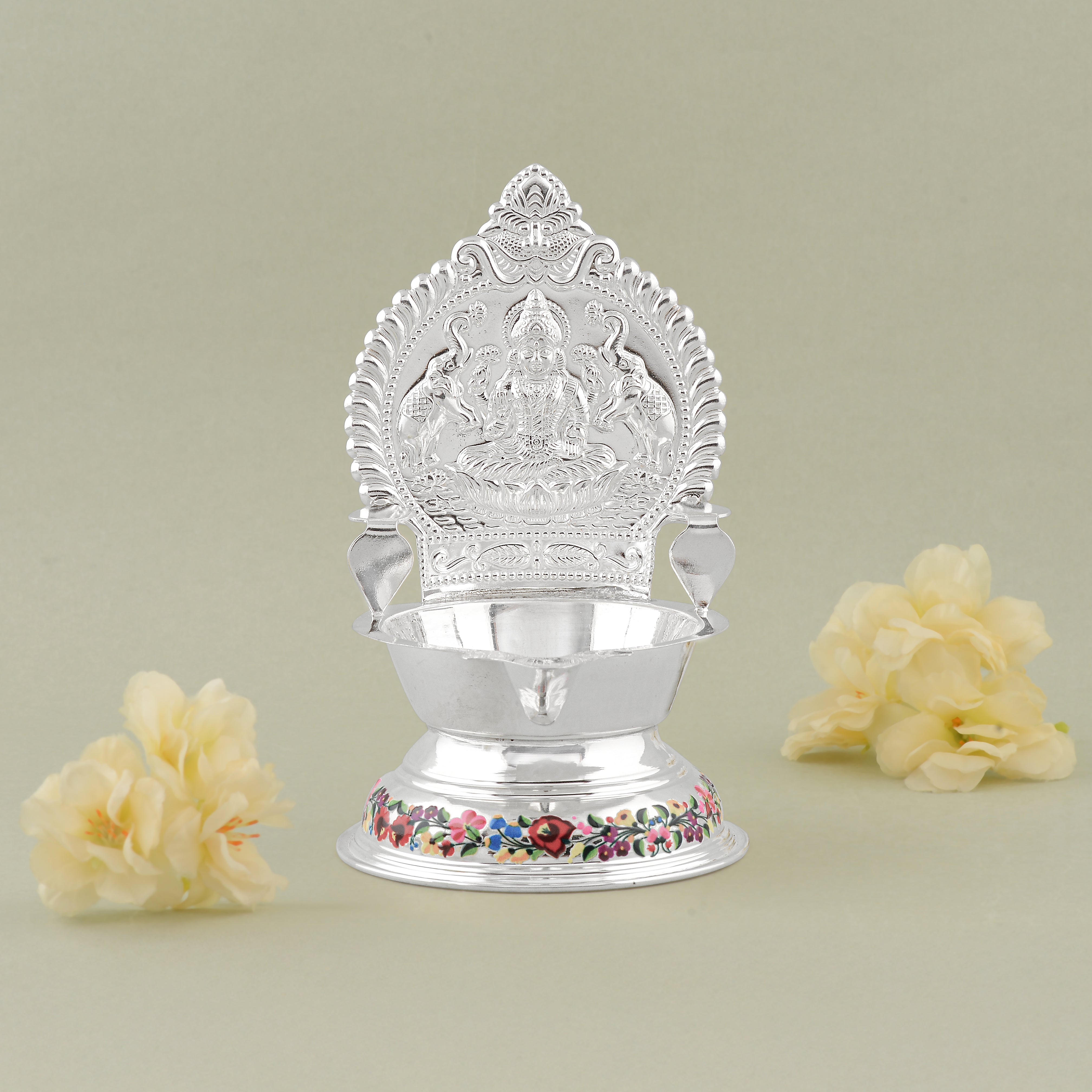 Pure Silver Laxmi Deepam Stand with Enamel Paint & Deity Motif
