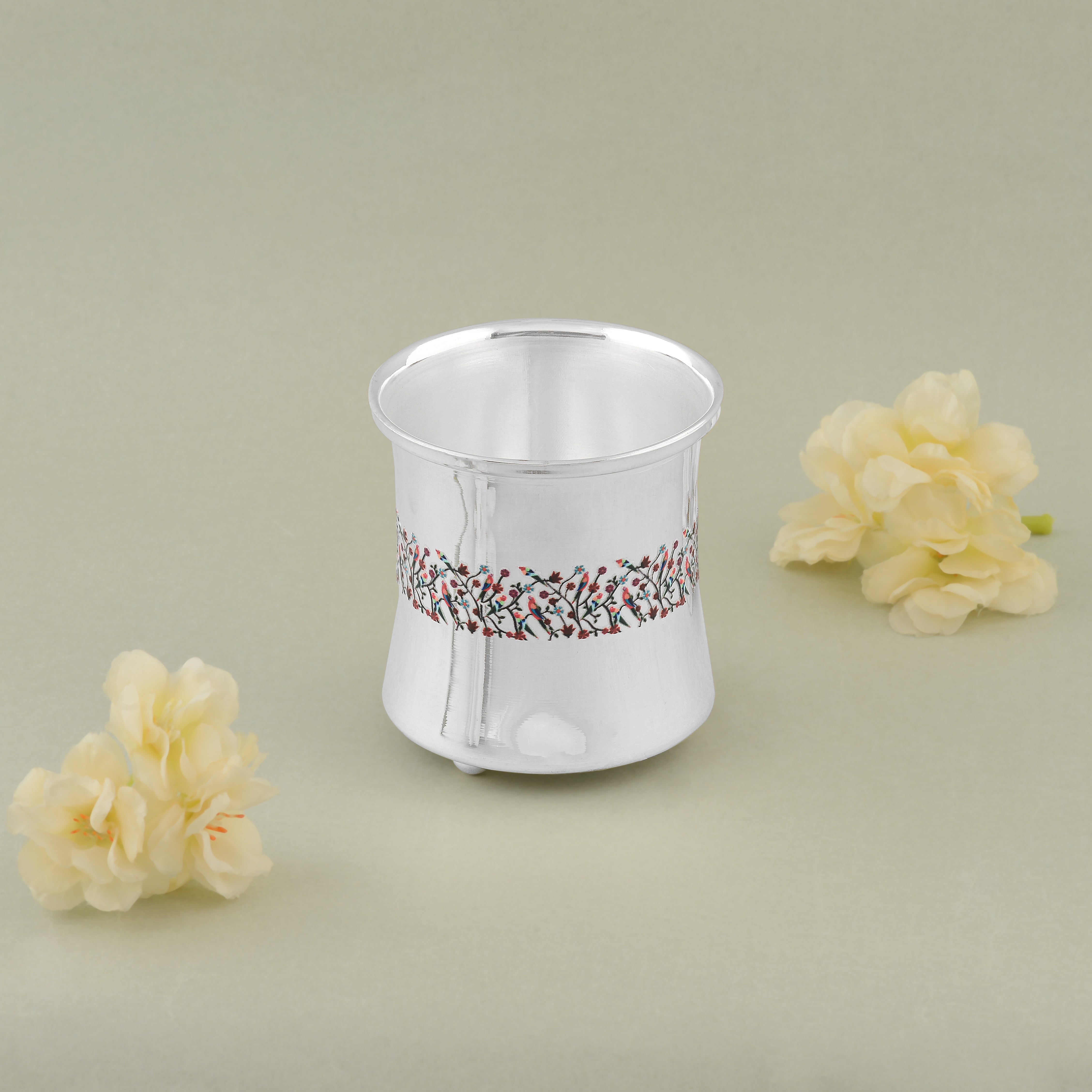 Pure Silver Embossed & Enamel Paint Floral Panchapatra