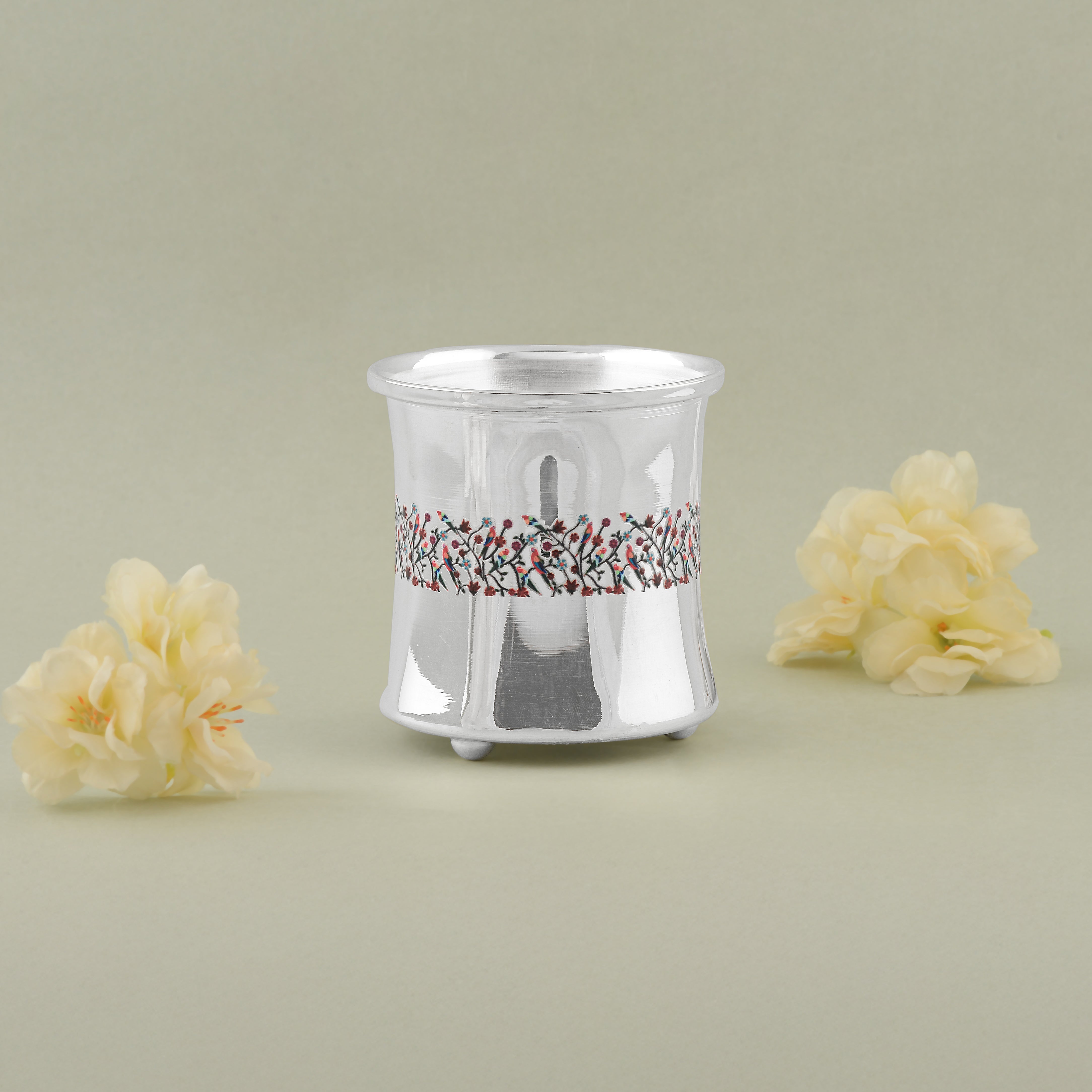 Pure Silver Embossed & Enamel Paint Floral Panchapatra