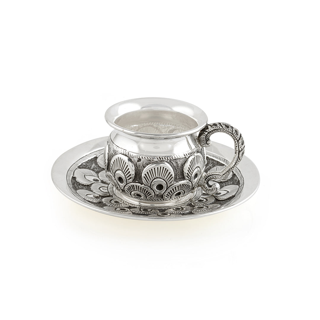 Silver Antique Tea Cup and Saucer with Peacock Feathers - Krishna Jewellers Pearls and Gems