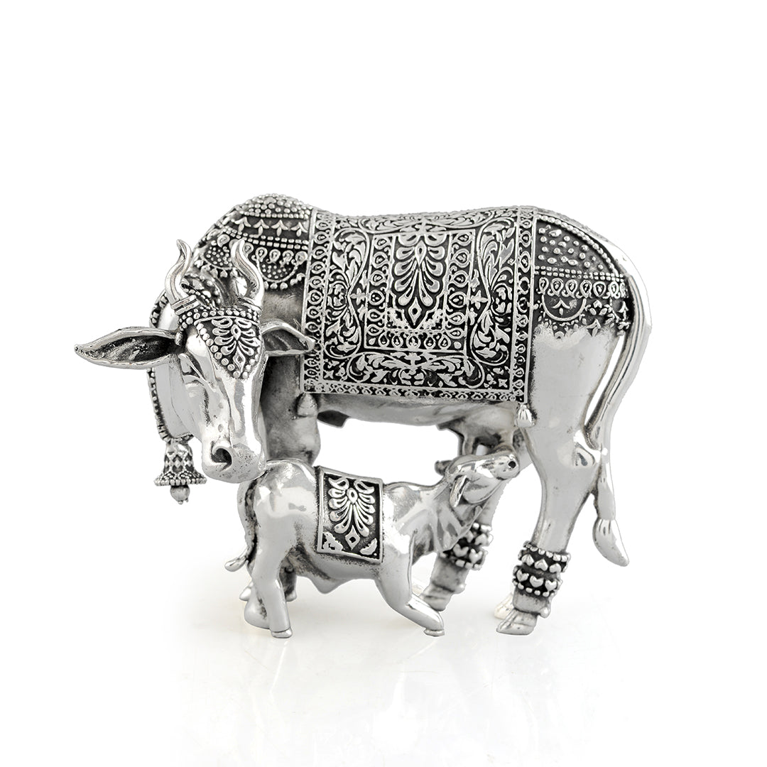 Divine Silver Cow and Calf in Antique Finish