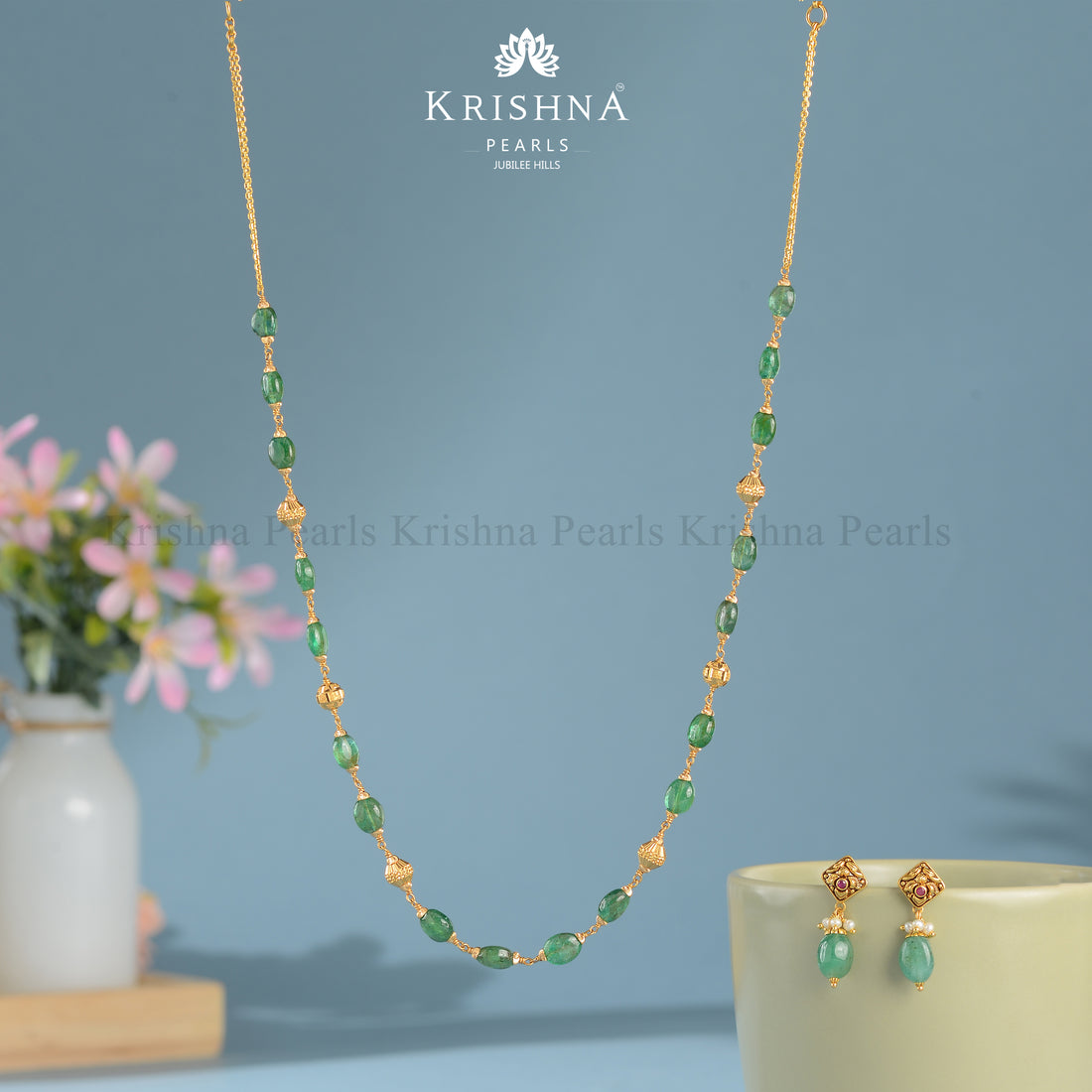 Gold 22k Emerald Chain and Earrings Set - Krishna Jewellers Pearls and Gems
