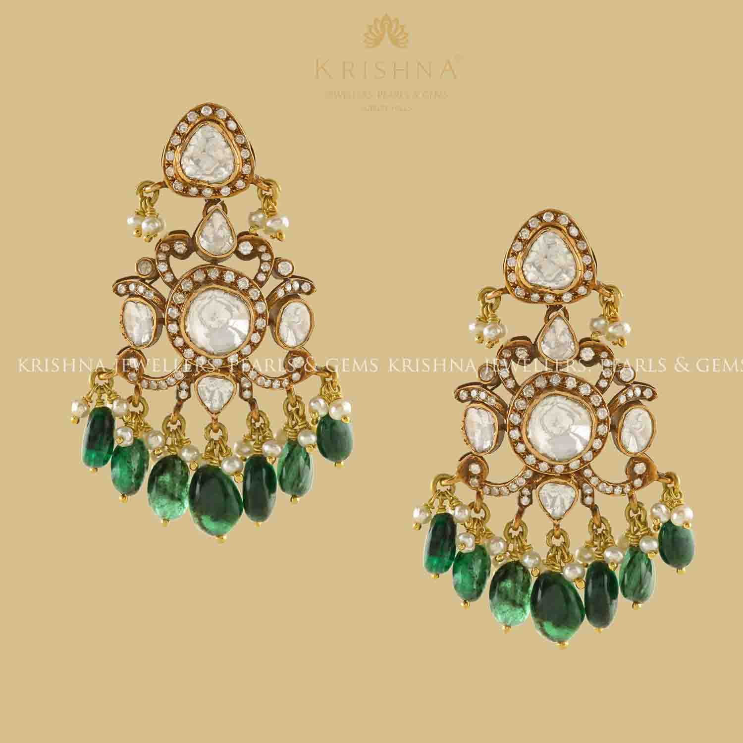 Emerald Polki Hanging Earrings - Krishna Jewellers Pearls and Gems