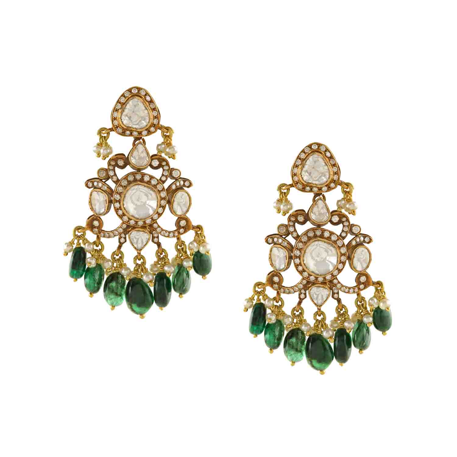 Emerald Polki Hanging Earrings - Krishna Jewellers Pearls and Gems
