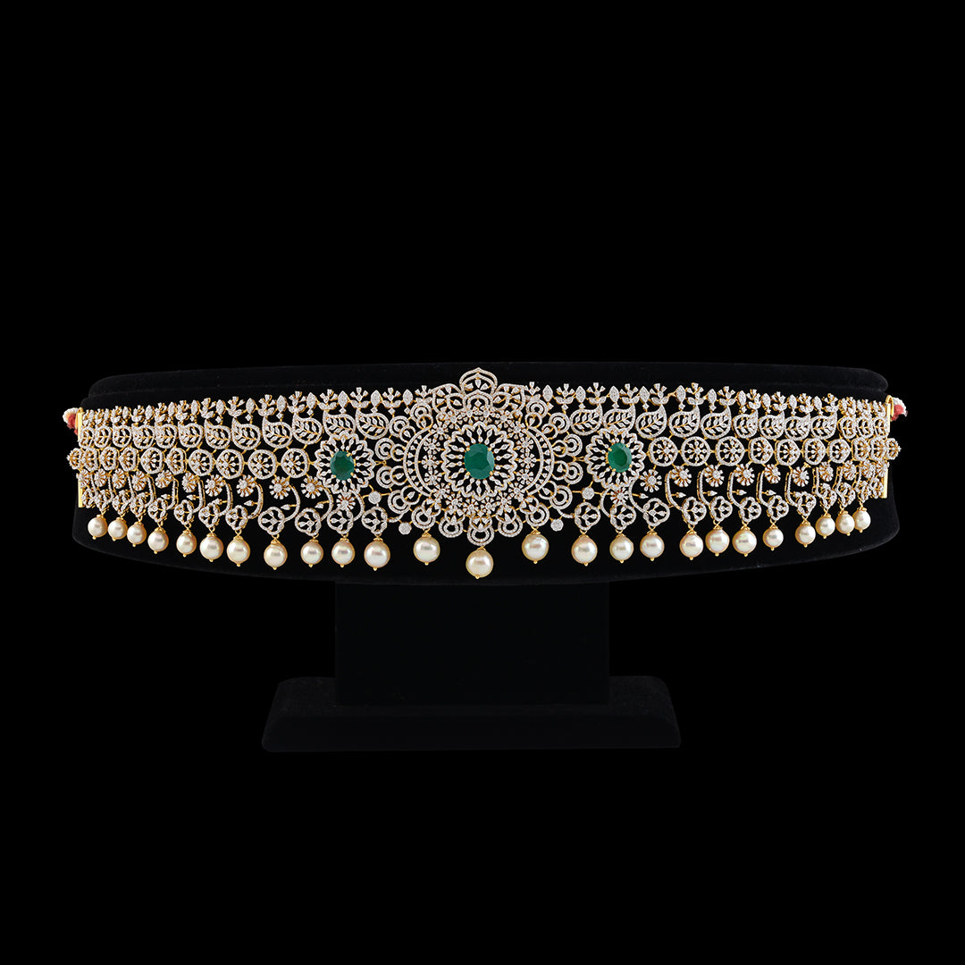 Emerald Tinged Diamond Vaddanam - Krishna Jewellers Pearls and Gems