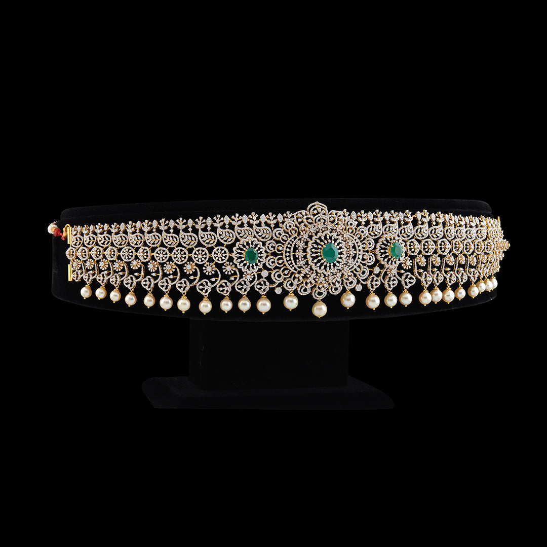 Emerald Tinged Diamond Vaddanam - Krishna Jewellers Pearls and Gems