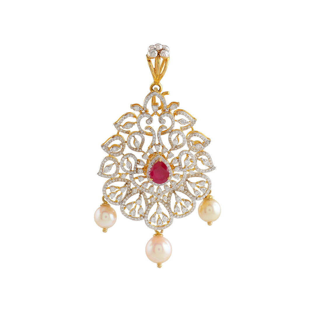 Floral Diamond Pendant With Pearls Drops - Krishna Jewellers Pearls and Gems