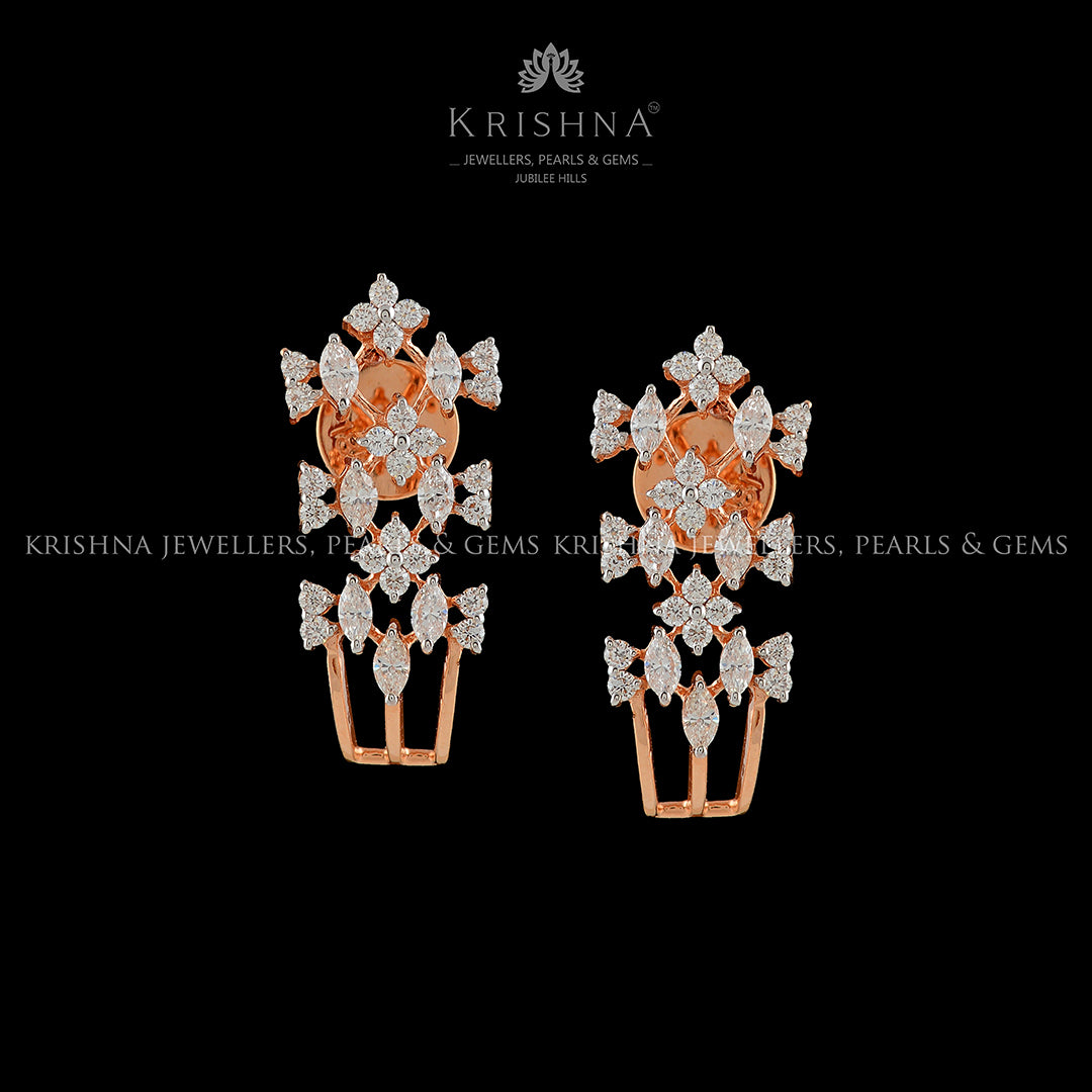 Floral Diamond Rose Gold Earrings - Krishna Jewellers Pearls and Gems