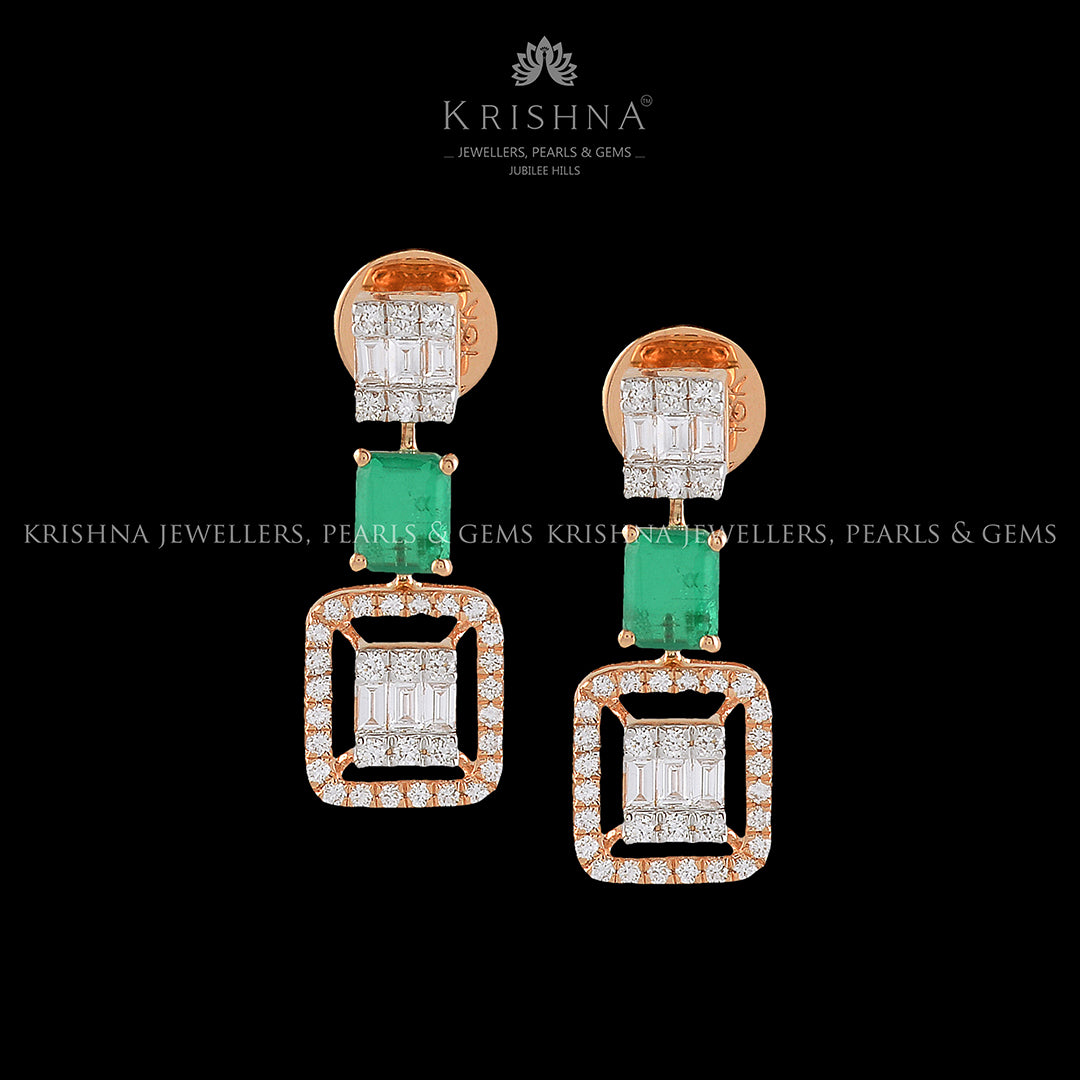 Triple Square Diamond Hanging Earrings - Krishna Jewellers Pearls and Gems