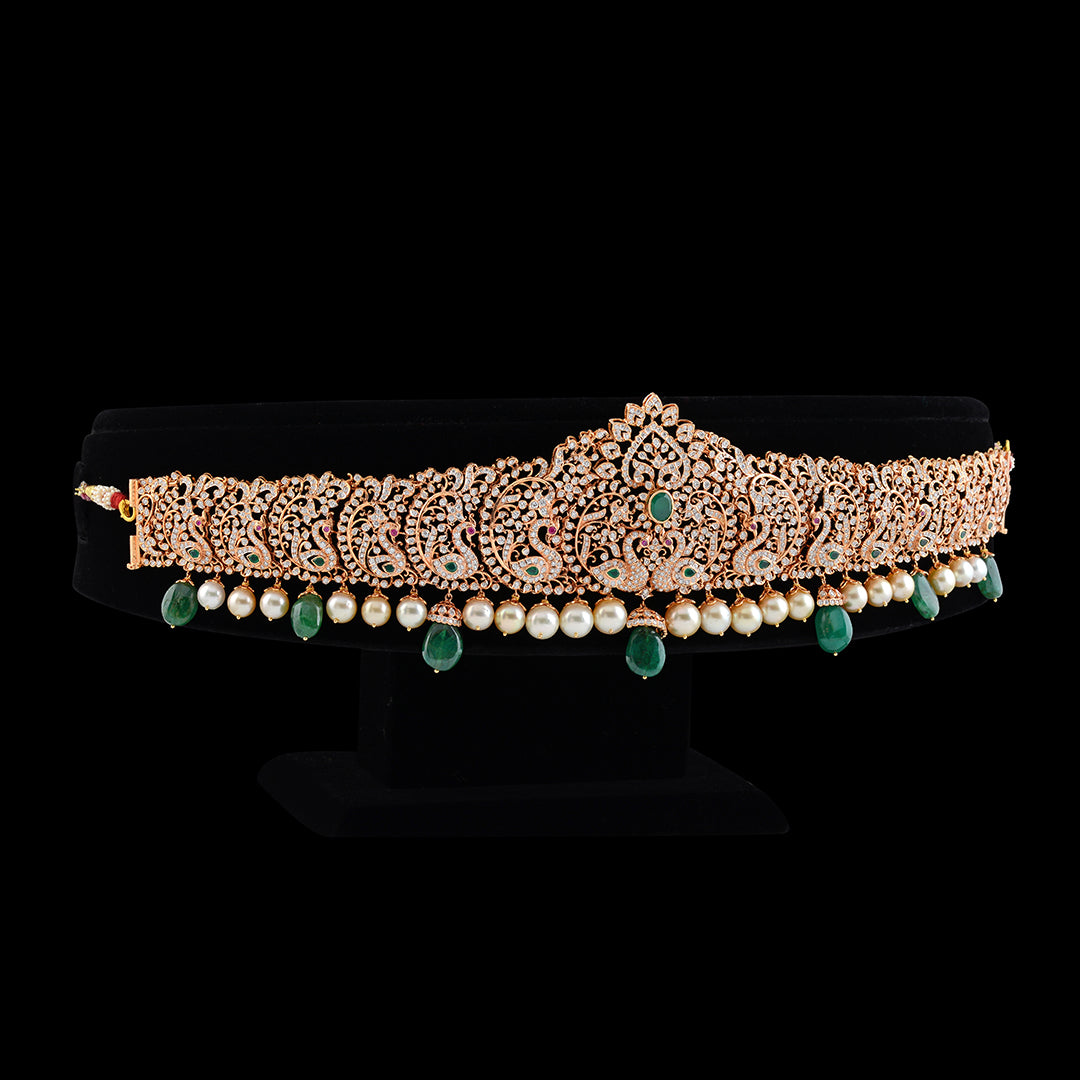 Diamond and Pearl Vaddnam in Peacock Motif - Krishna Jewellers Pearls and Gems