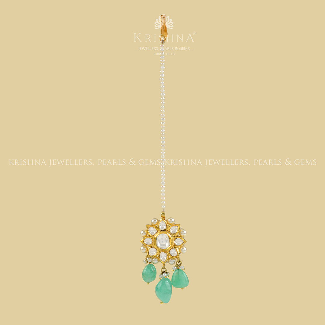 22k Gold Polki Emerald Mangtika - Krishna Jewellers Pearls and Gems
