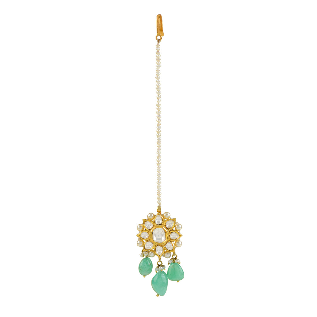 22k Gold Polki Emerald Mangtika - Krishna Jewellers Pearls and Gems