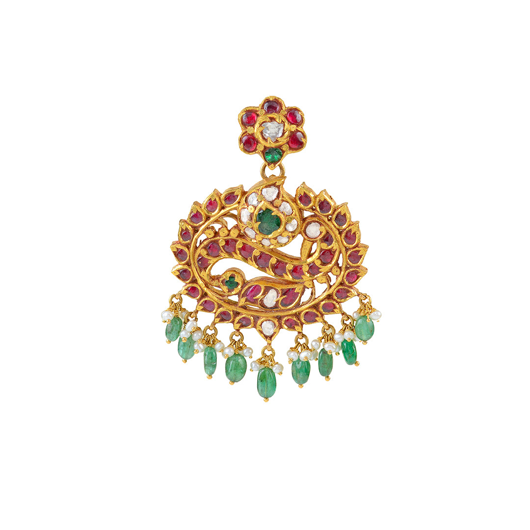 22k Rose Cut Polki Emerald Pendant - Krishna Jewellers Pearls and Gems