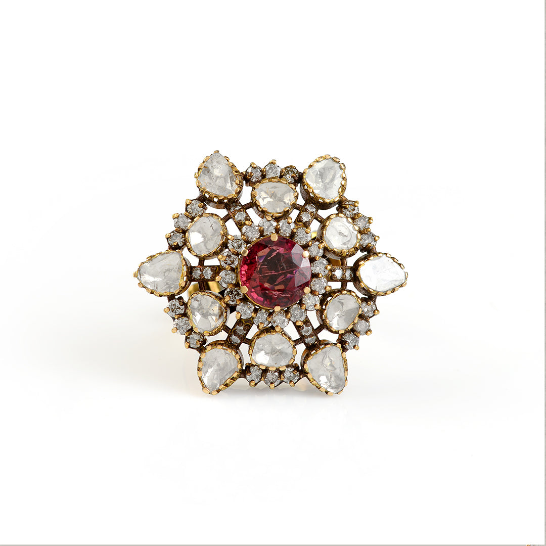 Victorian Style Polki Turmoline Ring - Krishna Jewellers Pearls and Gems