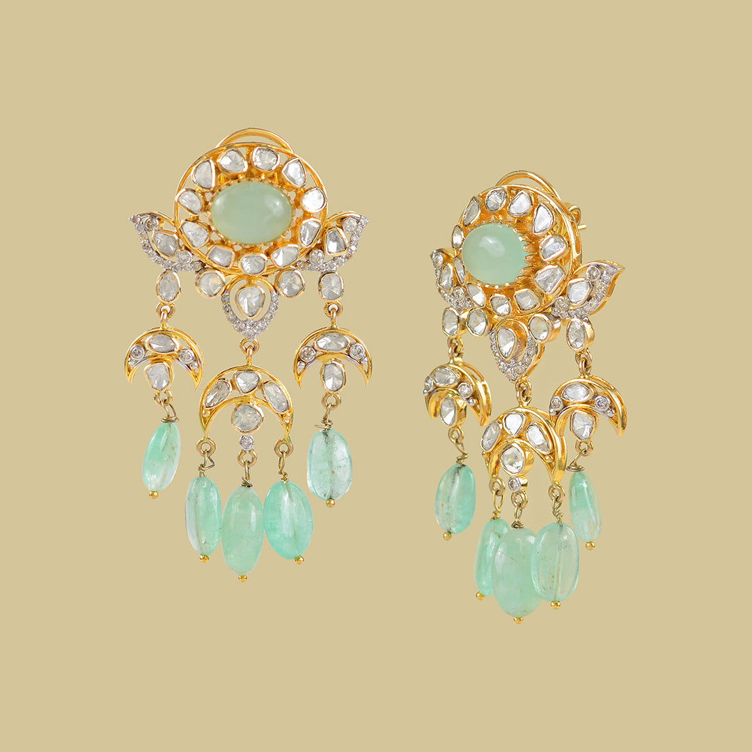 14k Gold Polki Emerald Hanging Earrings - Krishna Jewellers Pearls and Gems