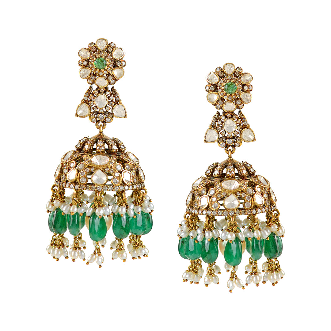 Victorian Polki Jhumka Earrings - Krishna Jewellers Pearls and Gems