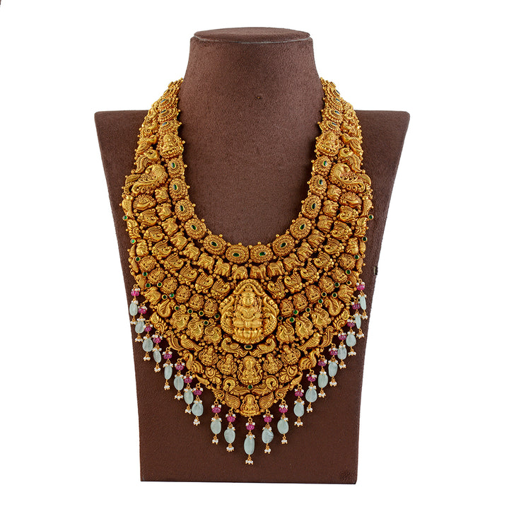 Goddess Lakshmi Long Gold Haram in Nakshi Work - Krishna Jewellers Pearls and Gems