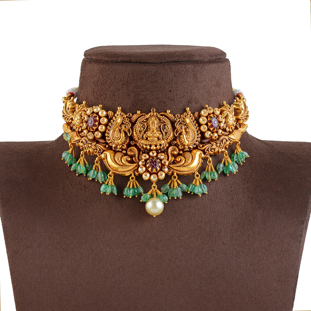 22K Gold Choker Necklace in Nakshi WorK - Krishna Jewellers Pearls and Gems