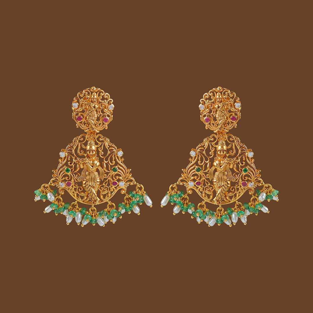 22k Gold Emerald Krishna Themed Earrings