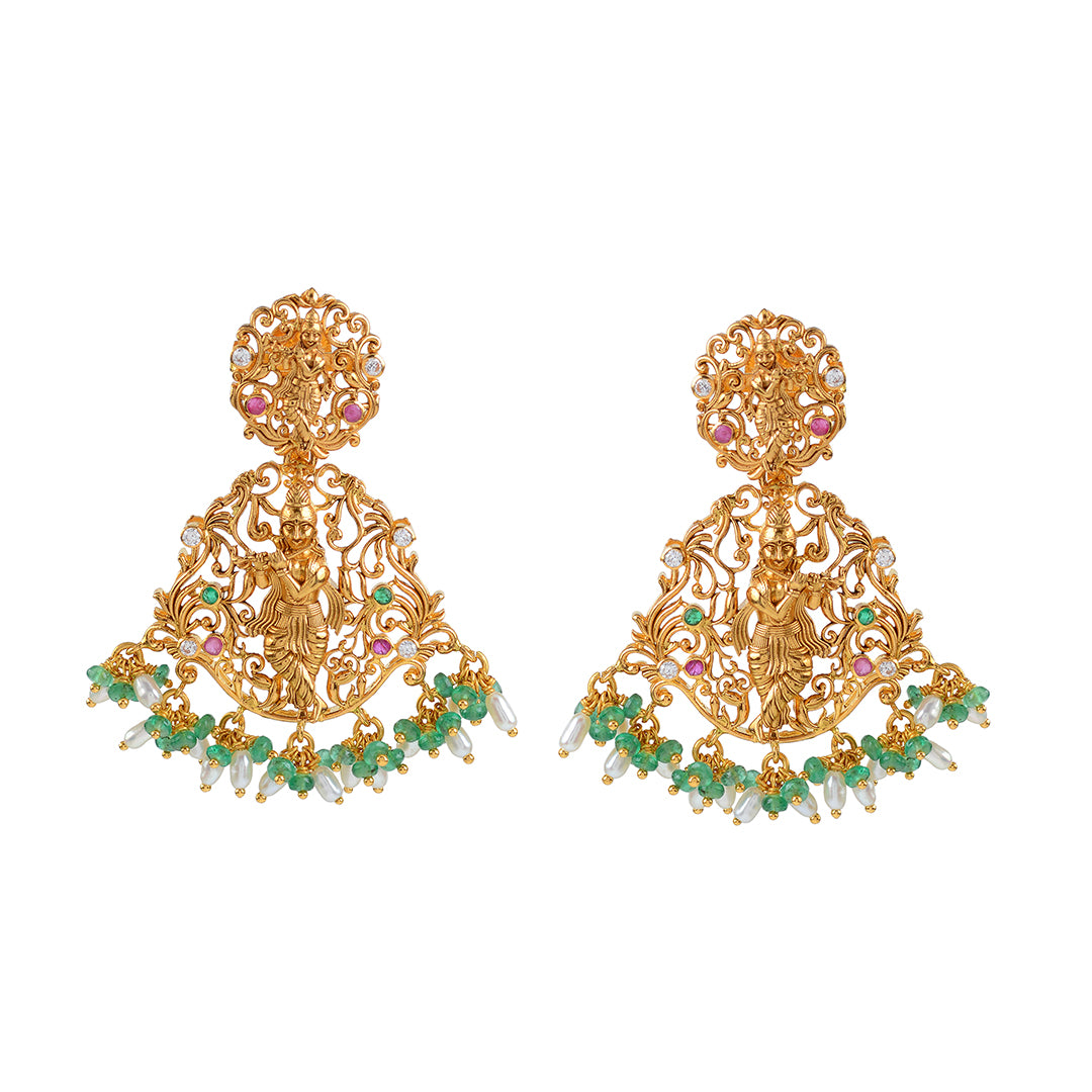 22k Gold Emerald Krishna Themed Earrings