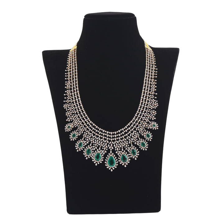 Diamond Emerald Long Haram Necklace Crafted with 18k Gold - Krishna Jewellers Pearls and Gems