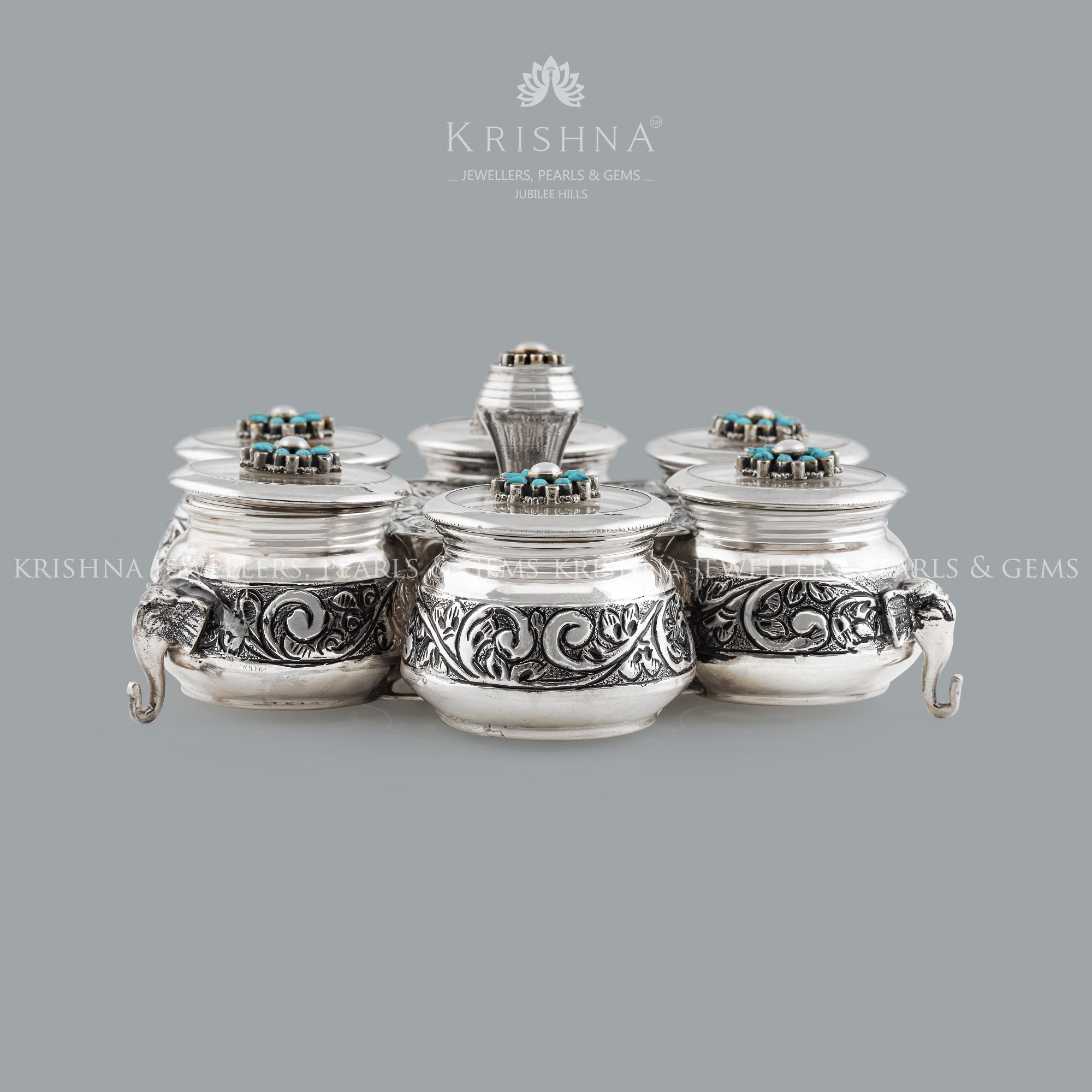 Silver Kumkum Bharni Set in Elephant Motif - Krishna Jewellers Pearls and Gems
