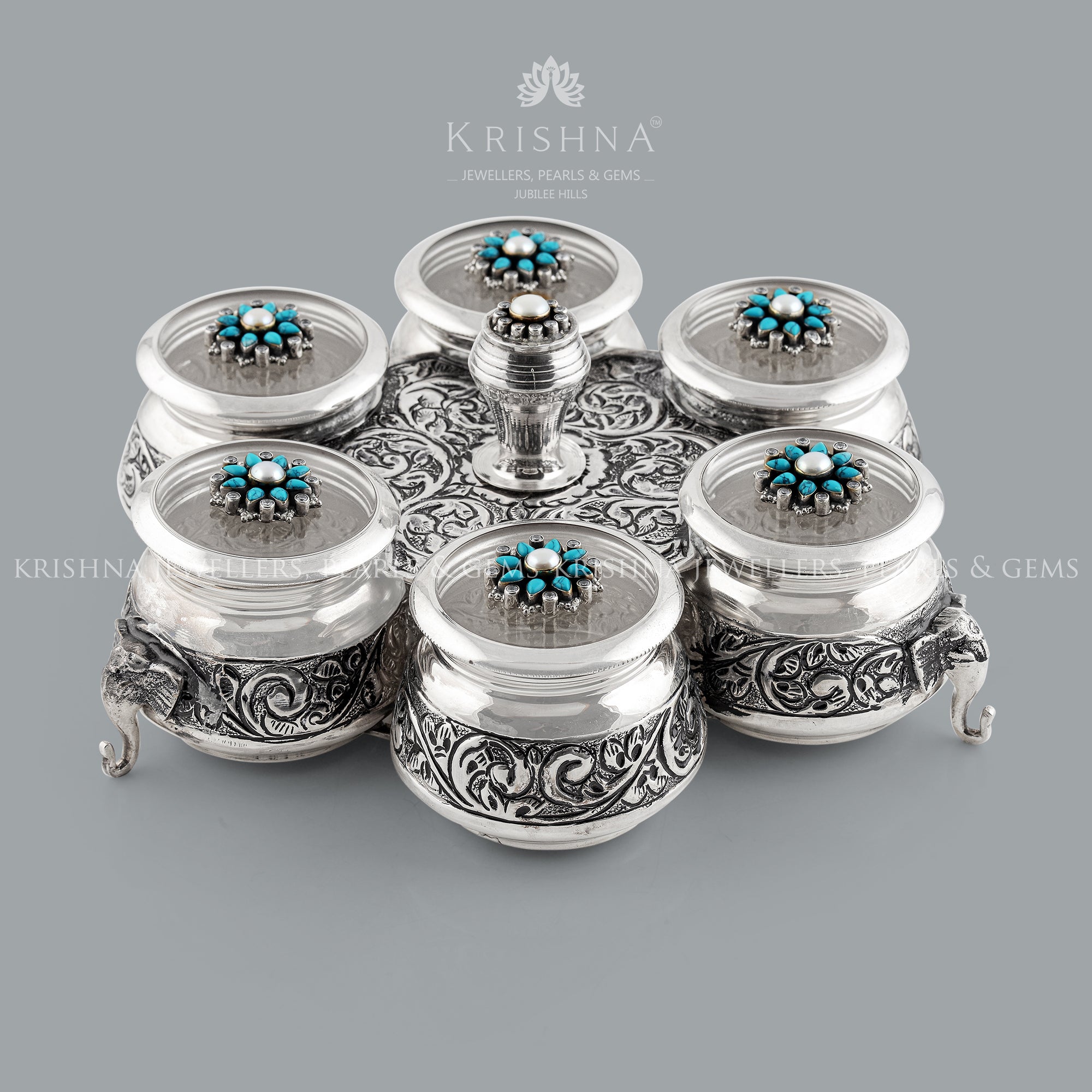 Silver Kumkum Bharni Set in Elephant Motif - Krishna Jewellers Pearls and Gems