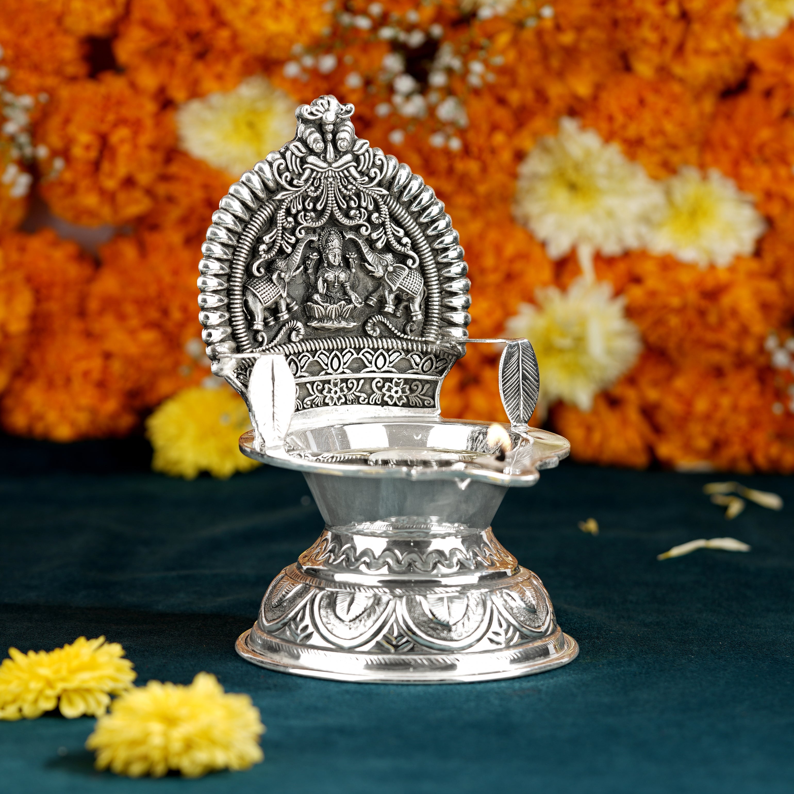 Goddess Laxmi Silver Deepam in Antique Finish