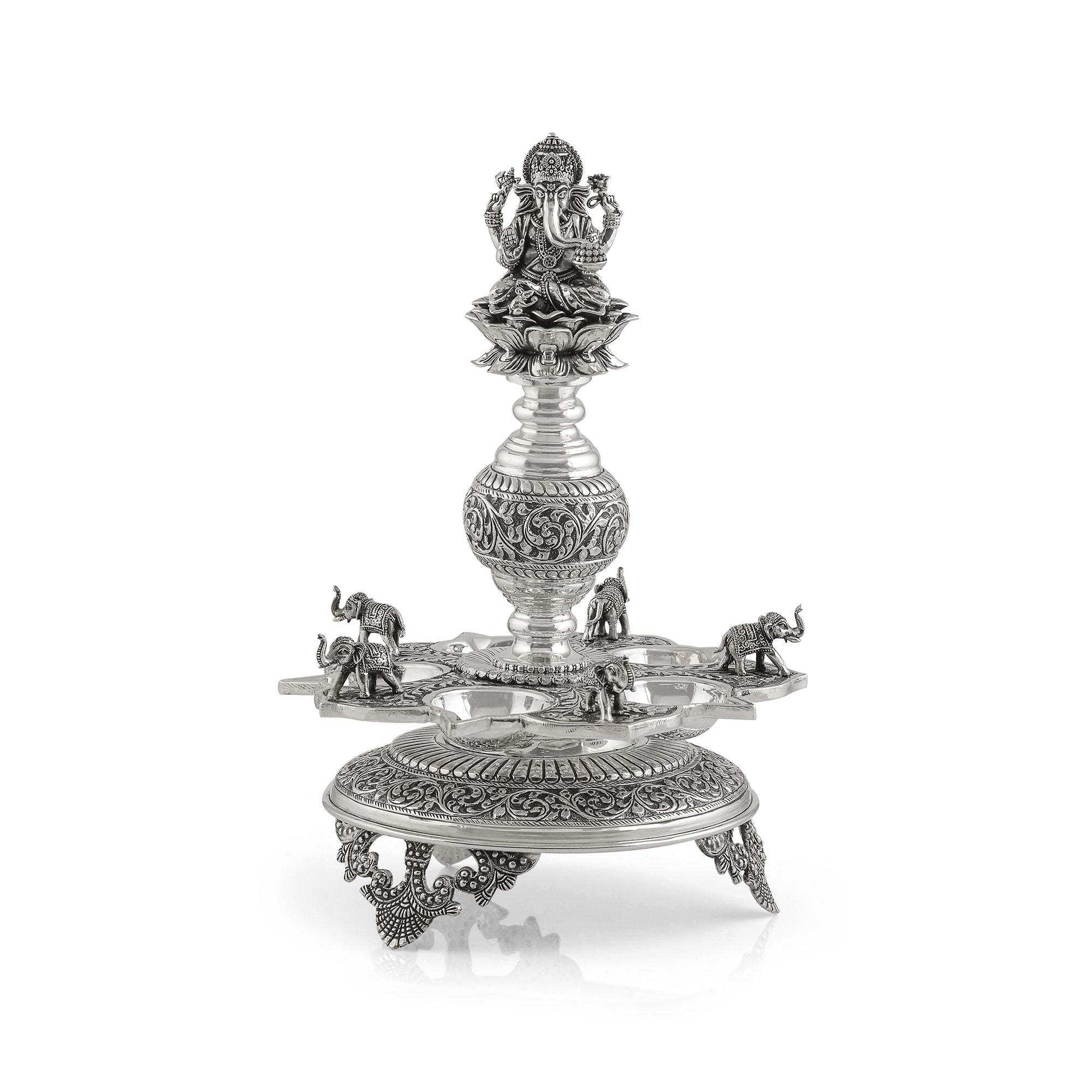 Divine Silver Diya Stand With Ganesh and Elephants