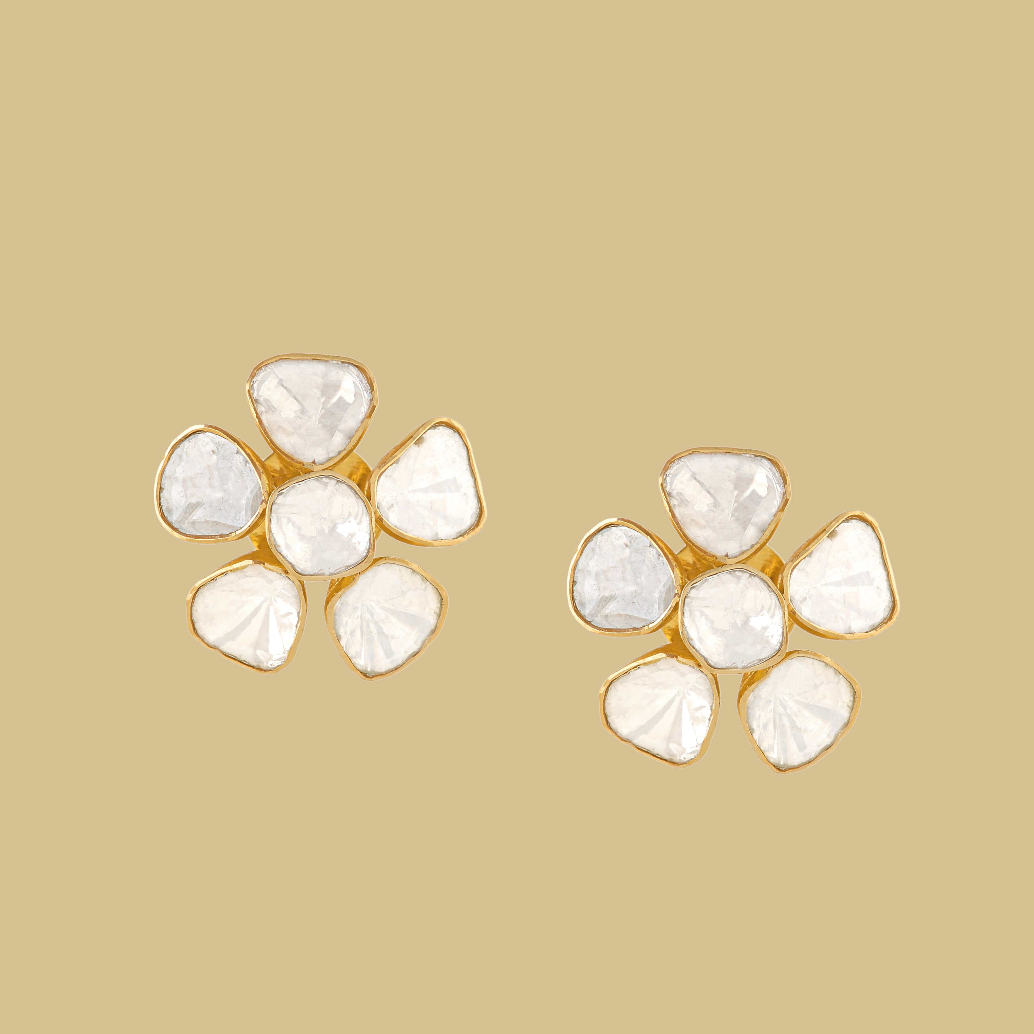 Polki Diamond Stud Earrings in Floral Motif