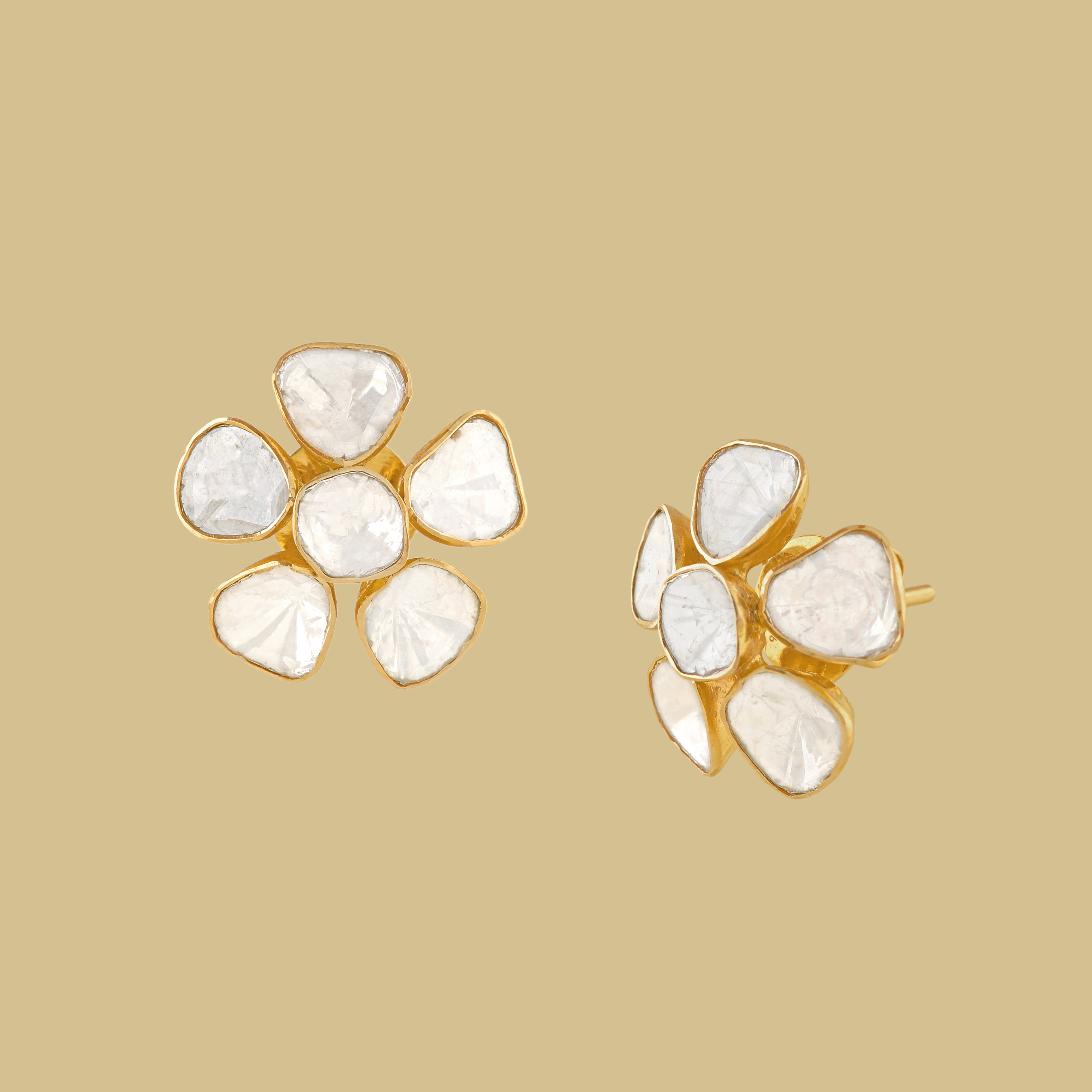 Polki Diamond Stud Earrings in Floral Motif